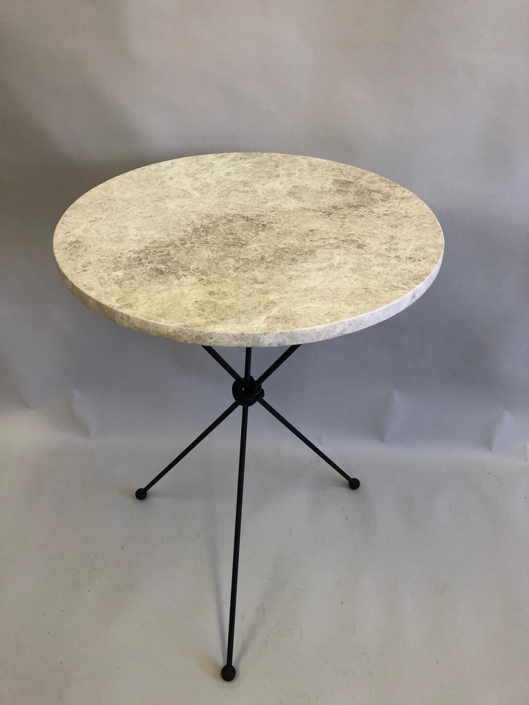 Pair of French Midcentury Iron & Limestone End/ Side Tables, Giacometti For Sale 3