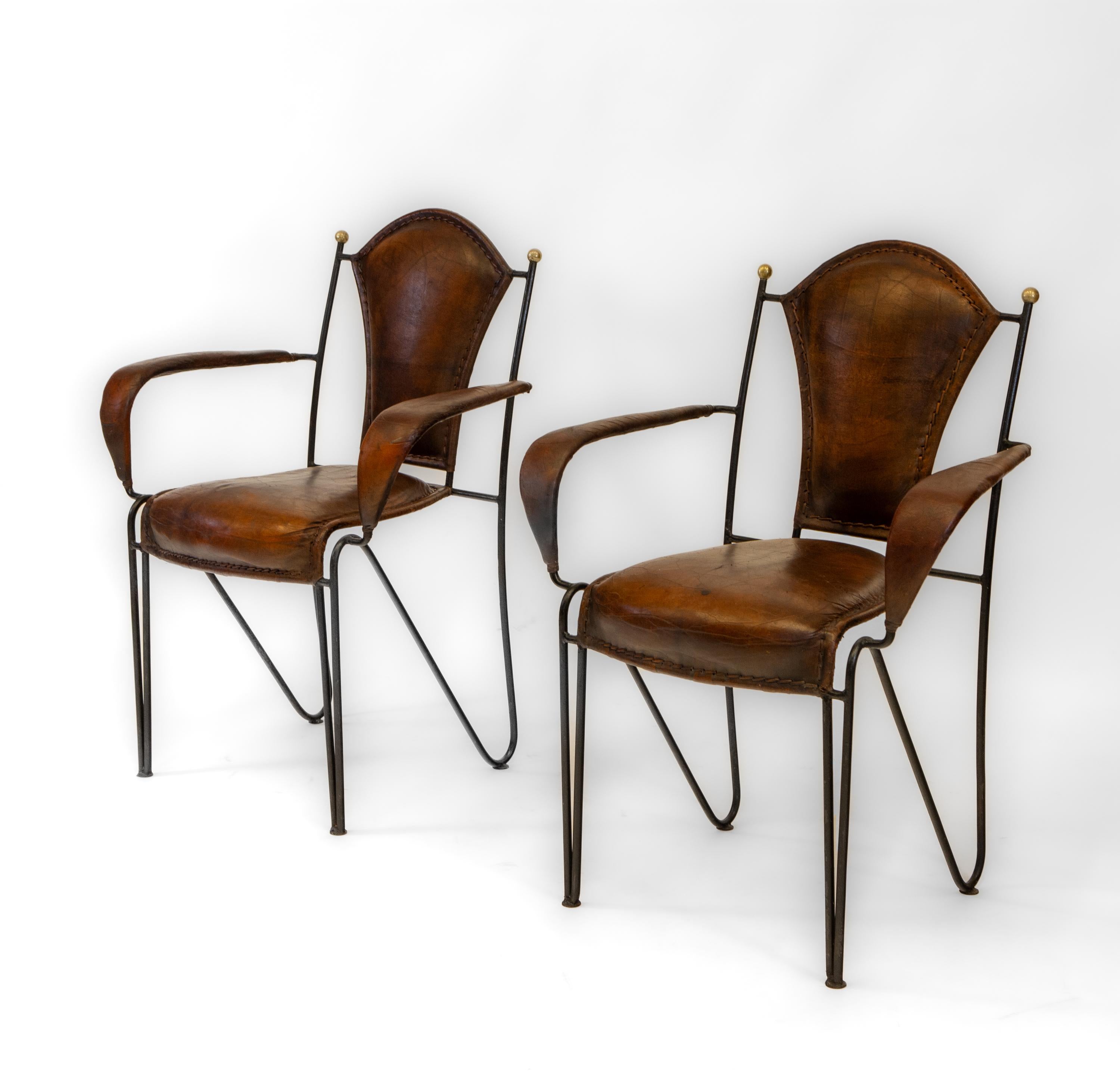 Mid-Century Modern Pair French Mid Century Leather & Iron Armchairs  For Sale