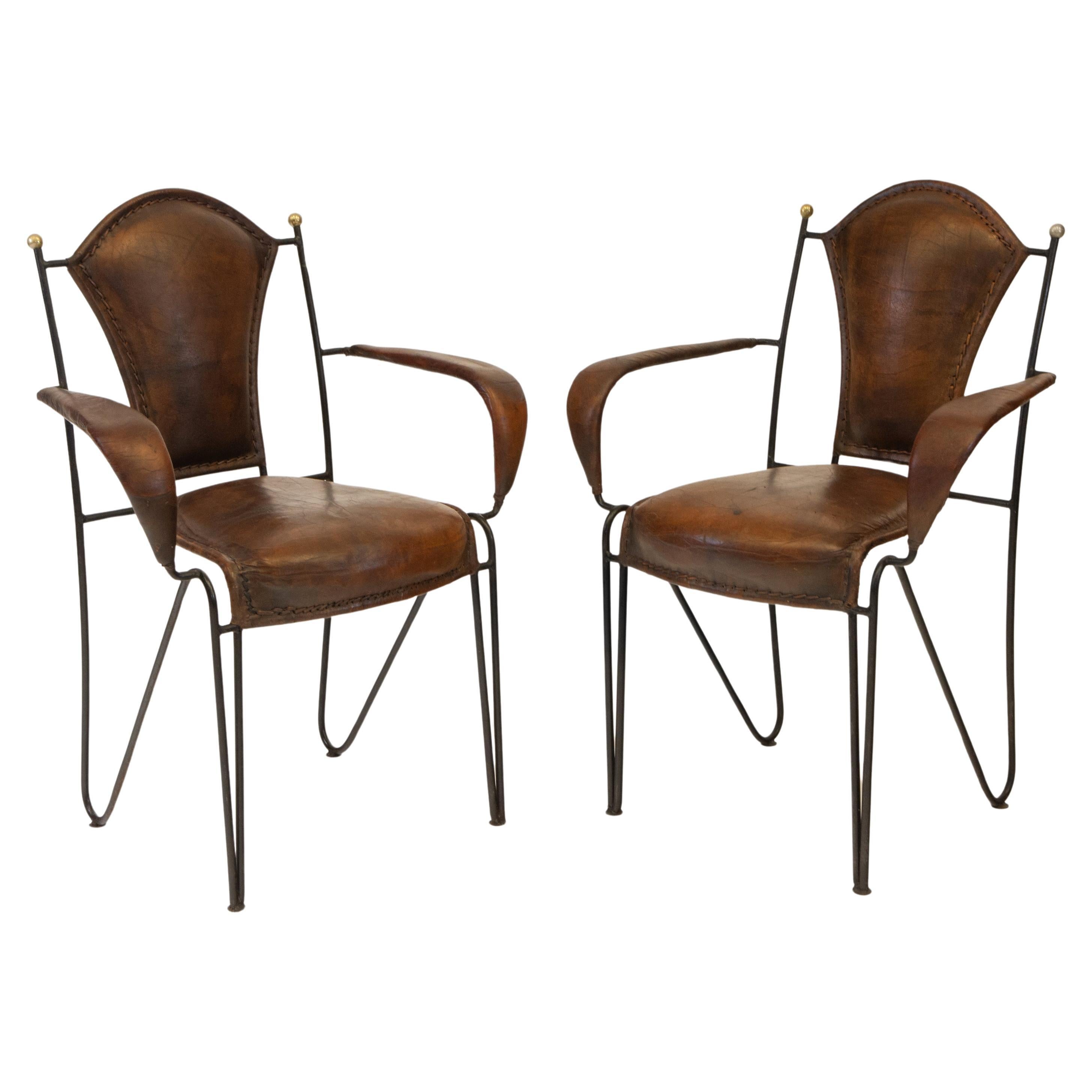 Pair French Mid Century Leather & Iron Armchairs 