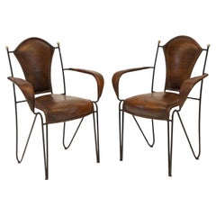 Vintage Pair French Mid Century Leather & Iron Armchairs 