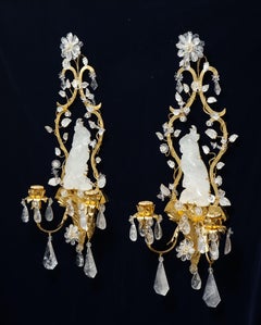 Pair French Mid-Century Modern Bagues Style Rock Crystal Cockatoo-Form Sconces