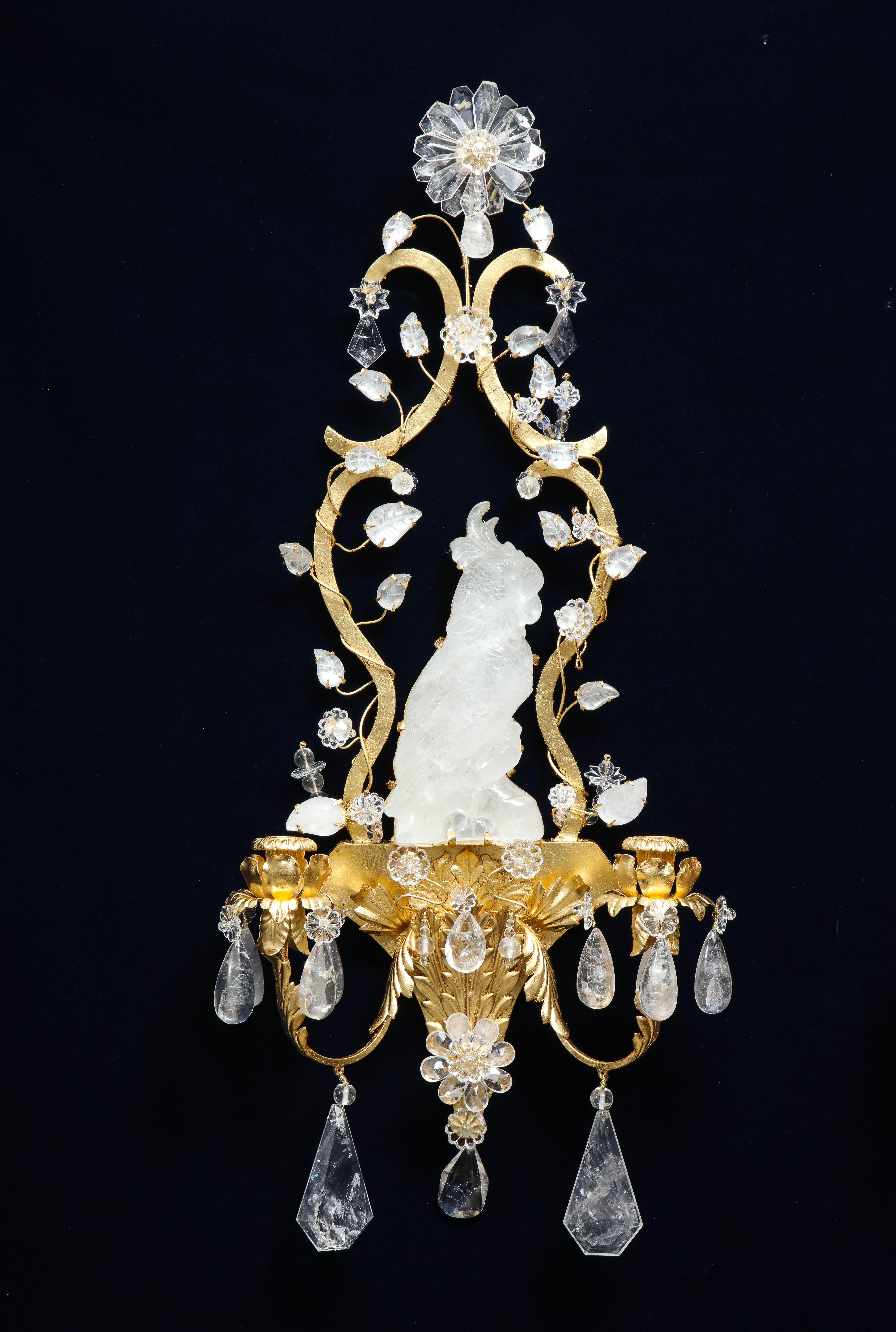 Gilt Pair French Mid-Century Modern Bagues Style Rock Crystal Cockatoo-Form Sconces For Sale