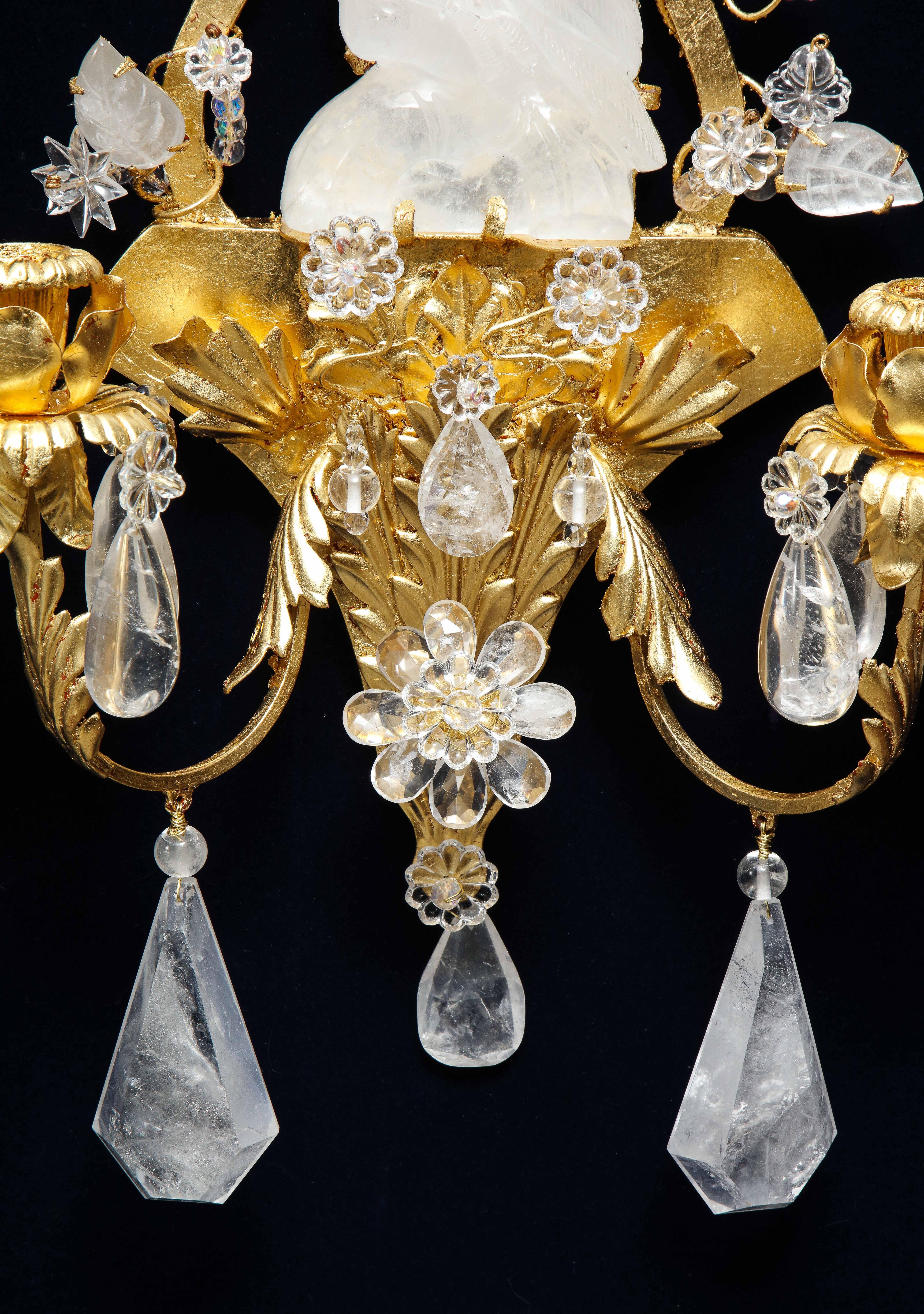 Pair French Mid-Century Modern Bagues Style Rock Crystal Cockatoo-Form Sconces For Sale 2