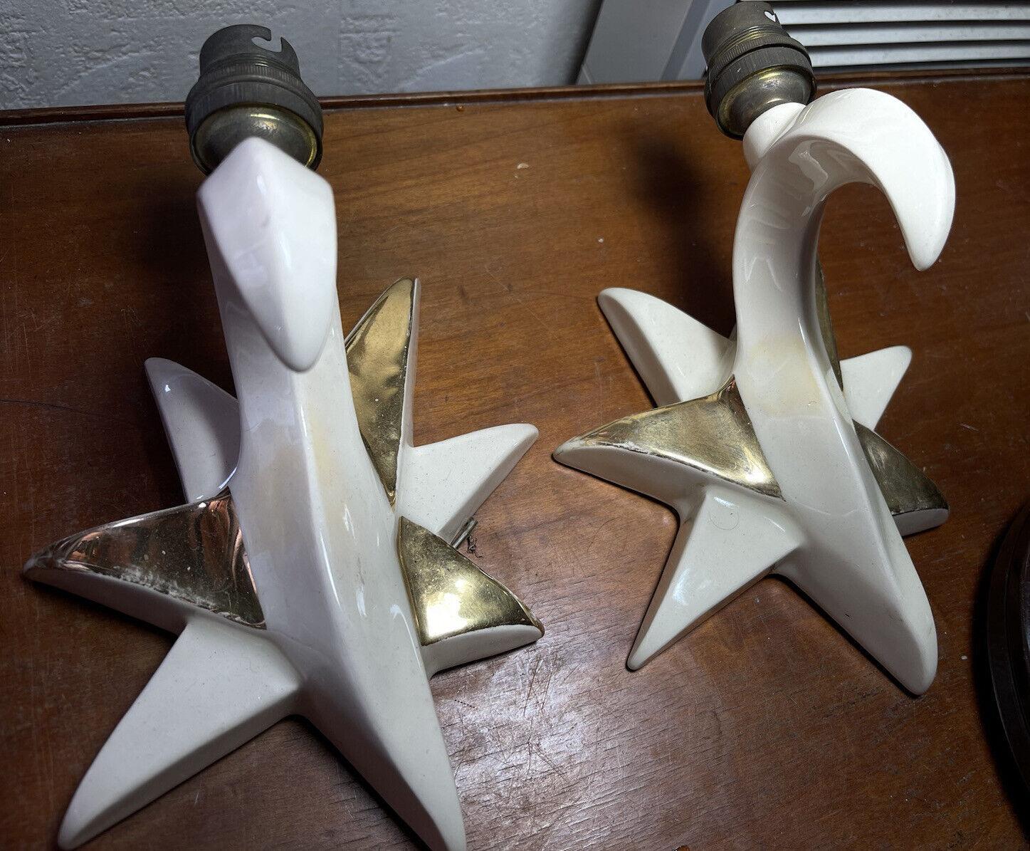 Pair French Mid Century Modern Gilt/ White Enamel Ceramic Star Form Wall Sconces For Sale 5