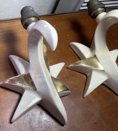 Pair French Mid Century Modern Gilt/ White Enamel Ceramic Star Form Wall Sconces