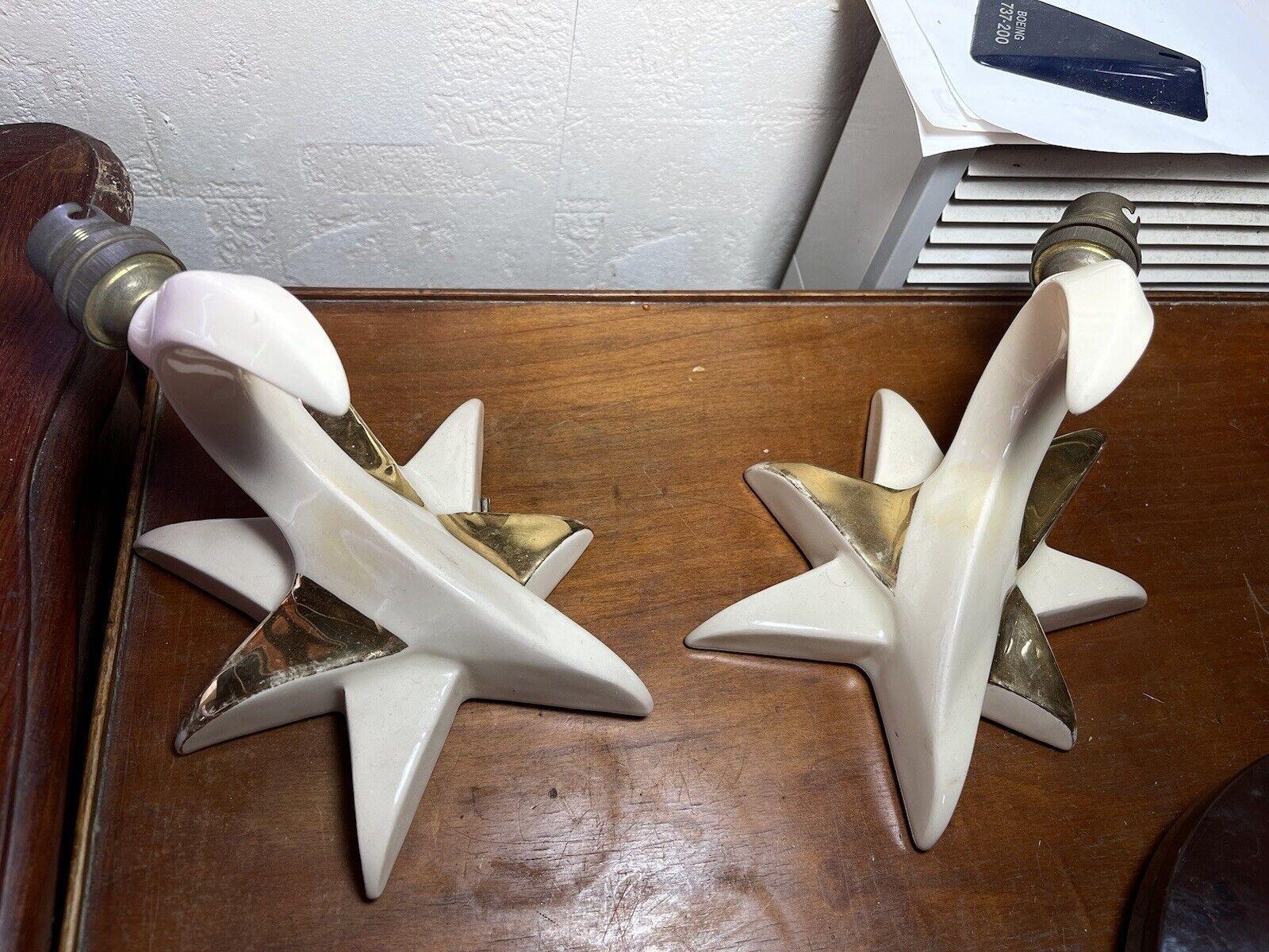 Mid-20th Century Pair French Mid Century Modern Gilt/ White Enamel Ceramic Star Form Wall Sconces For Sale