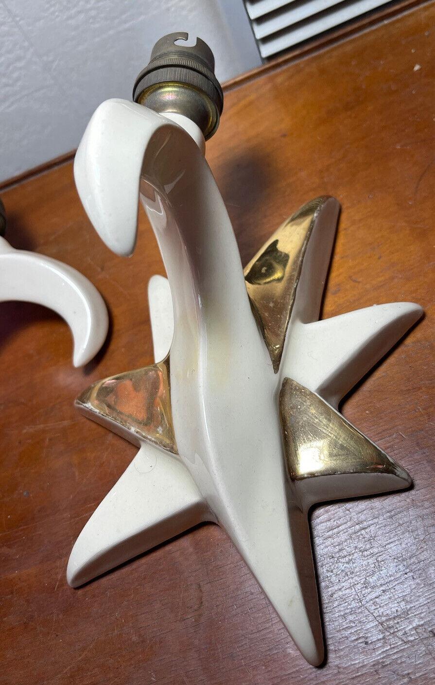 Pair French Mid Century Modern Gilt/ White Enamel Ceramic Star Form Wall Sconces For Sale 1