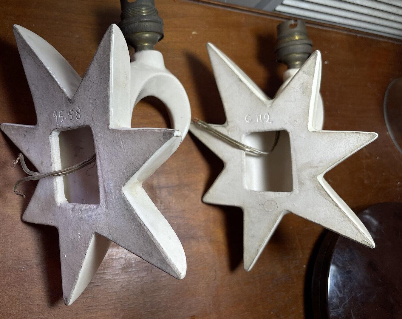 Pair French Mid Century Modern Gilt/ White Enamel Ceramic Star Form Wall Sconces For Sale 3