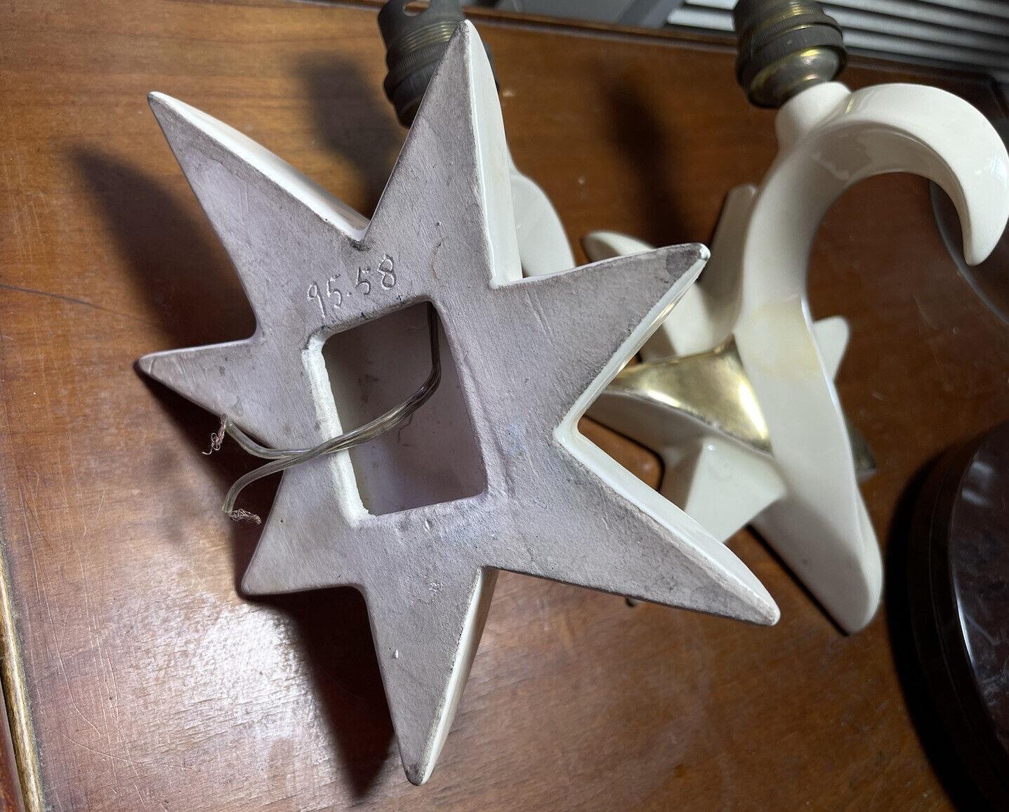 Pair French Mid Century Modern Gilt/ White Enamel Ceramic Star Form Wall Sconces For Sale 4
