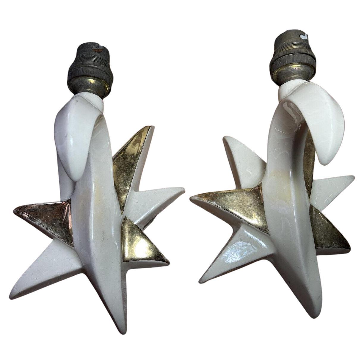 Pair French Mid Century Modern Gilt/ White Enamel Ceramic Star Form Wall Sconces For Sale