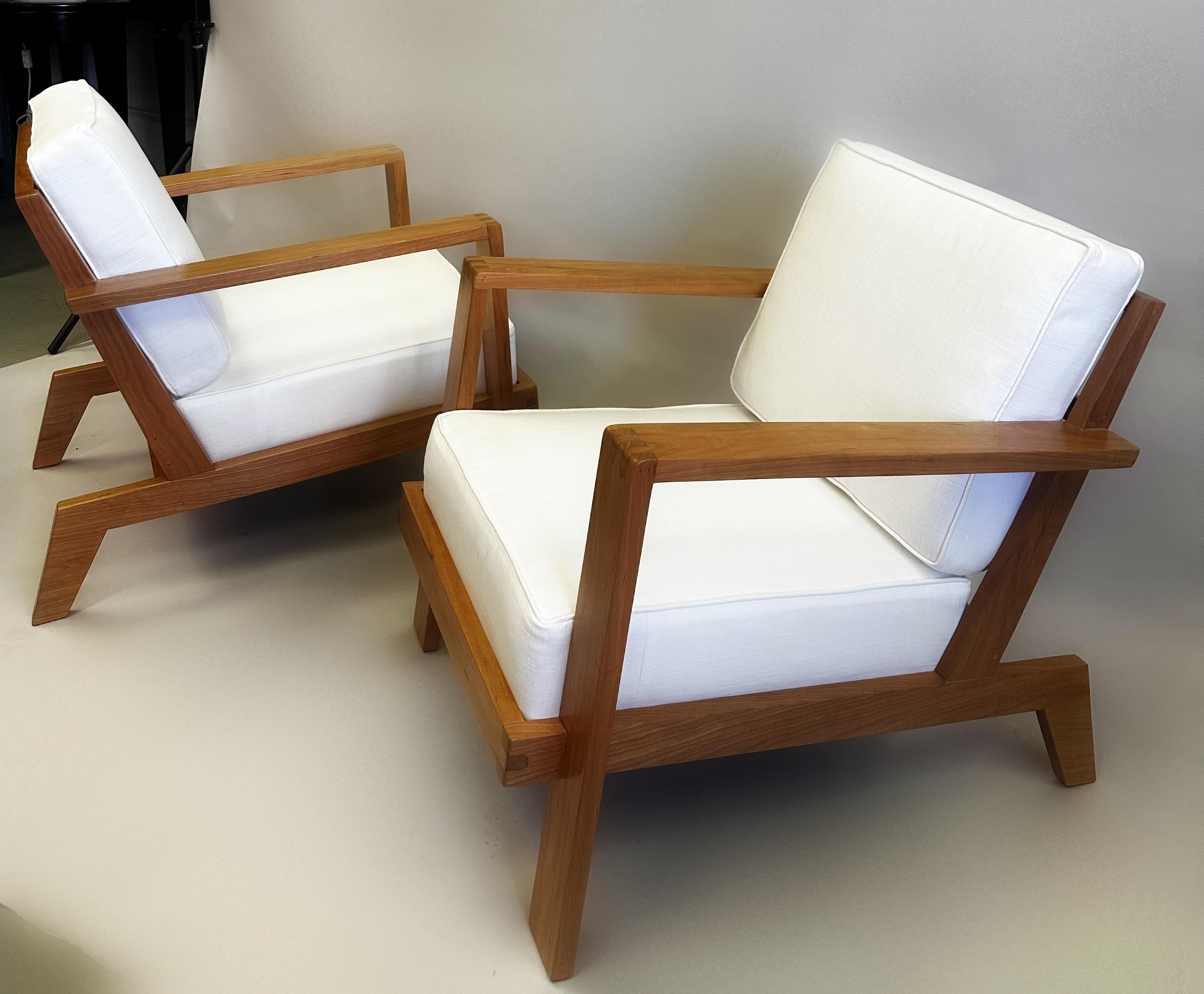 Pair French Mid-Century Modern Grid Back Cherry Lounge / Armchairs, Rene Gabriel In Good Condition For Sale In New York, NY