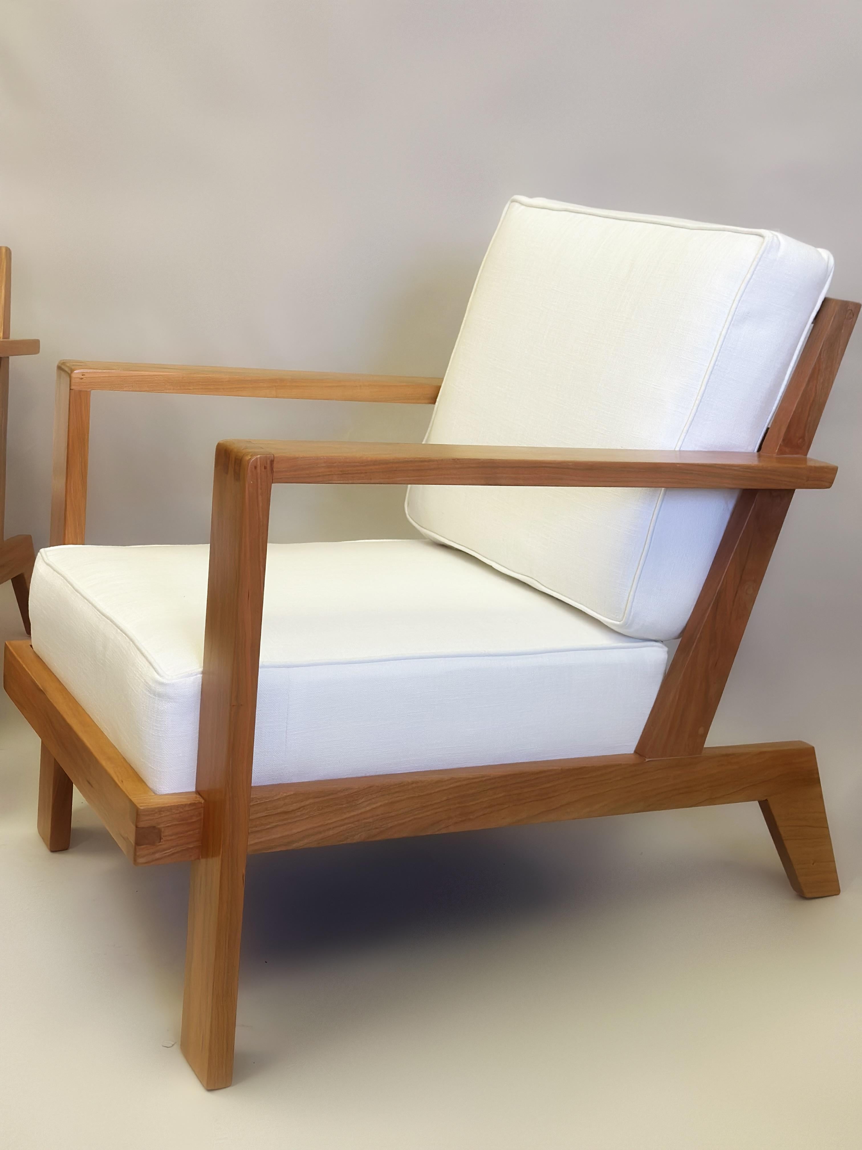 Cotton Pair French Mid-Century Modern Grid Back Cherry Lounge / Armchairs, Rene Gabriel For Sale