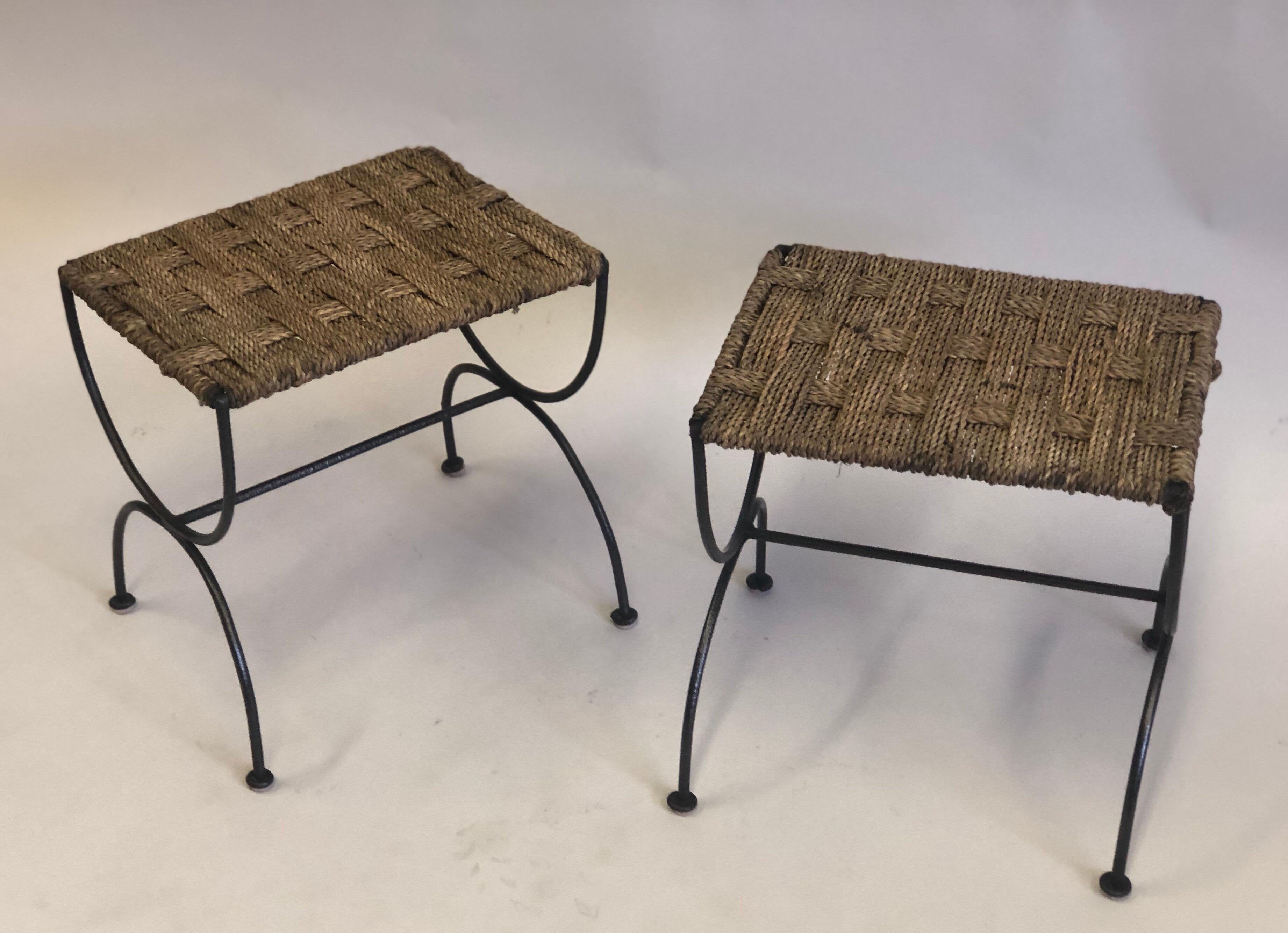 Mid-Century Modern Pair of French Mid-Century Wrought Iron & Rope Stools / Benches, Audoux & Minet. For Sale