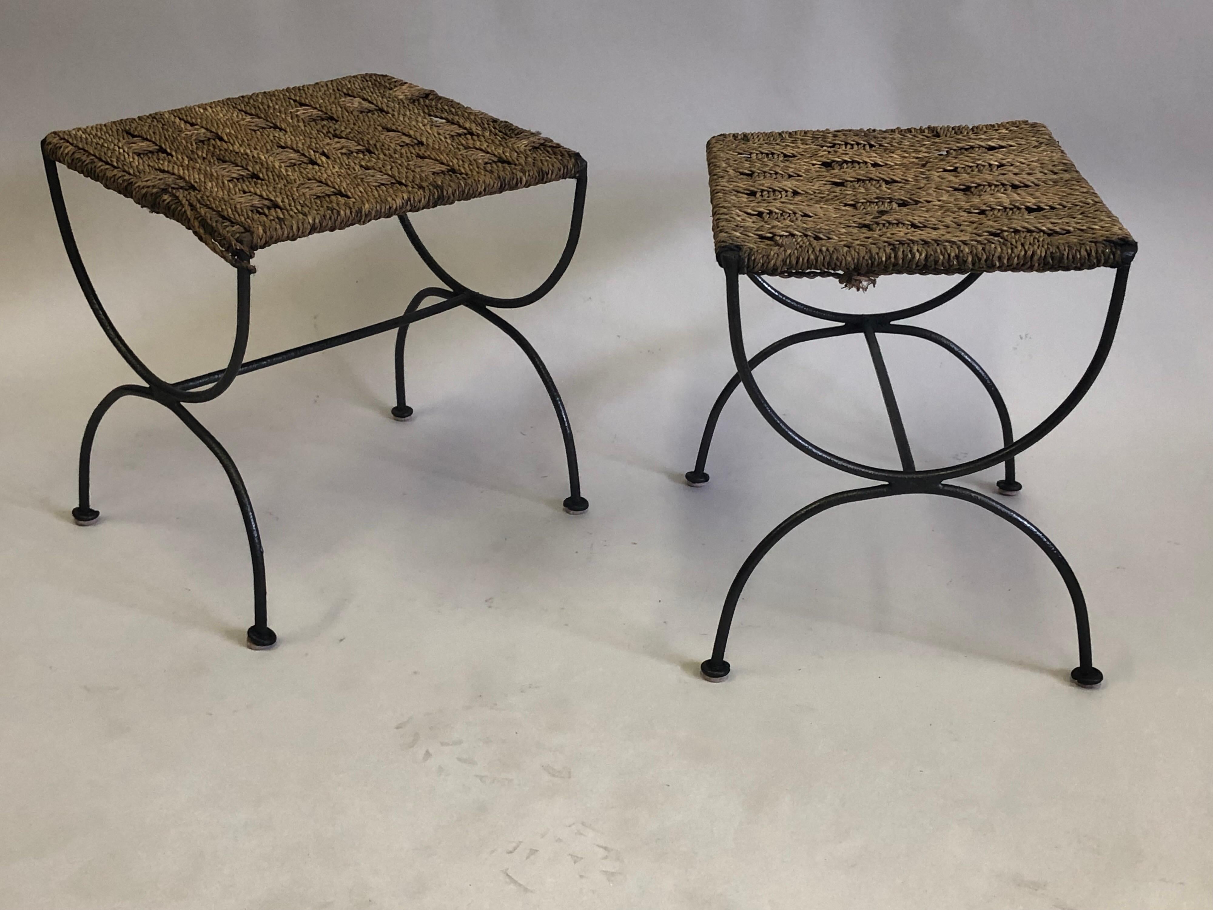 Pair of French Mid-Century Wrought Iron & Rope Stools / Benches, Audoux & Minet. In Good Condition For Sale In New York, NY