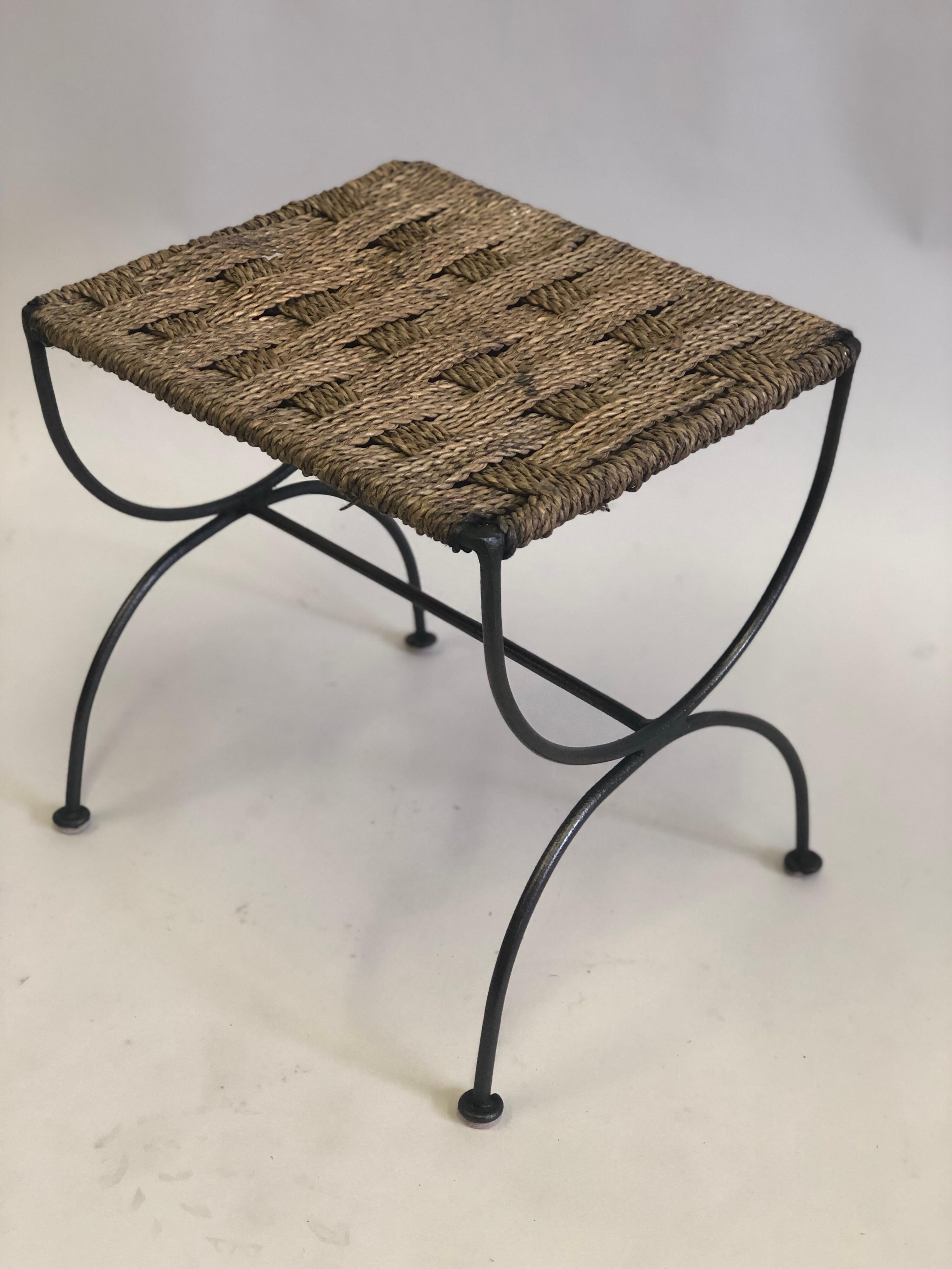 20th Century Pair of French Mid-Century Wrought Iron & Rope Stools / Benches, Audoux & Minet. For Sale