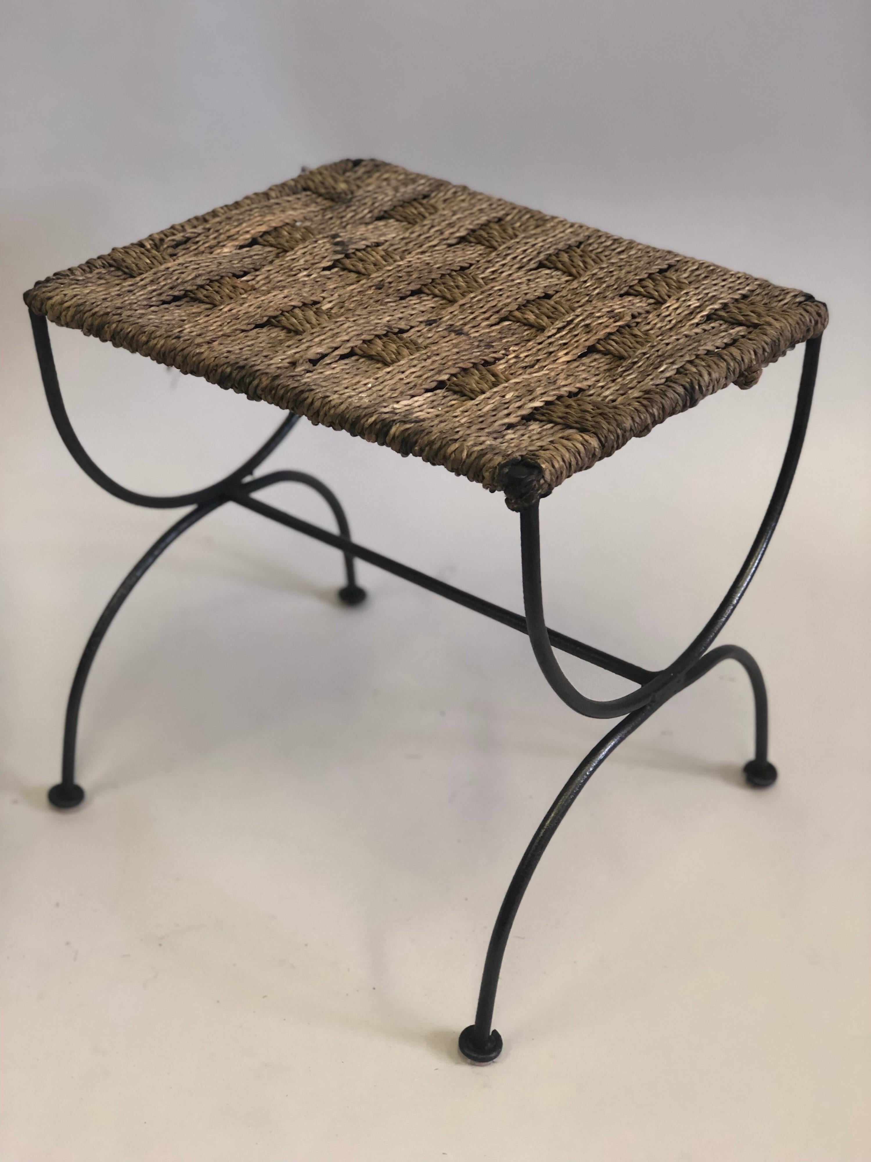 Pair of French Mid-Century Wrought Iron & Rope Stools / Benches, Audoux & Minet. For Sale 1