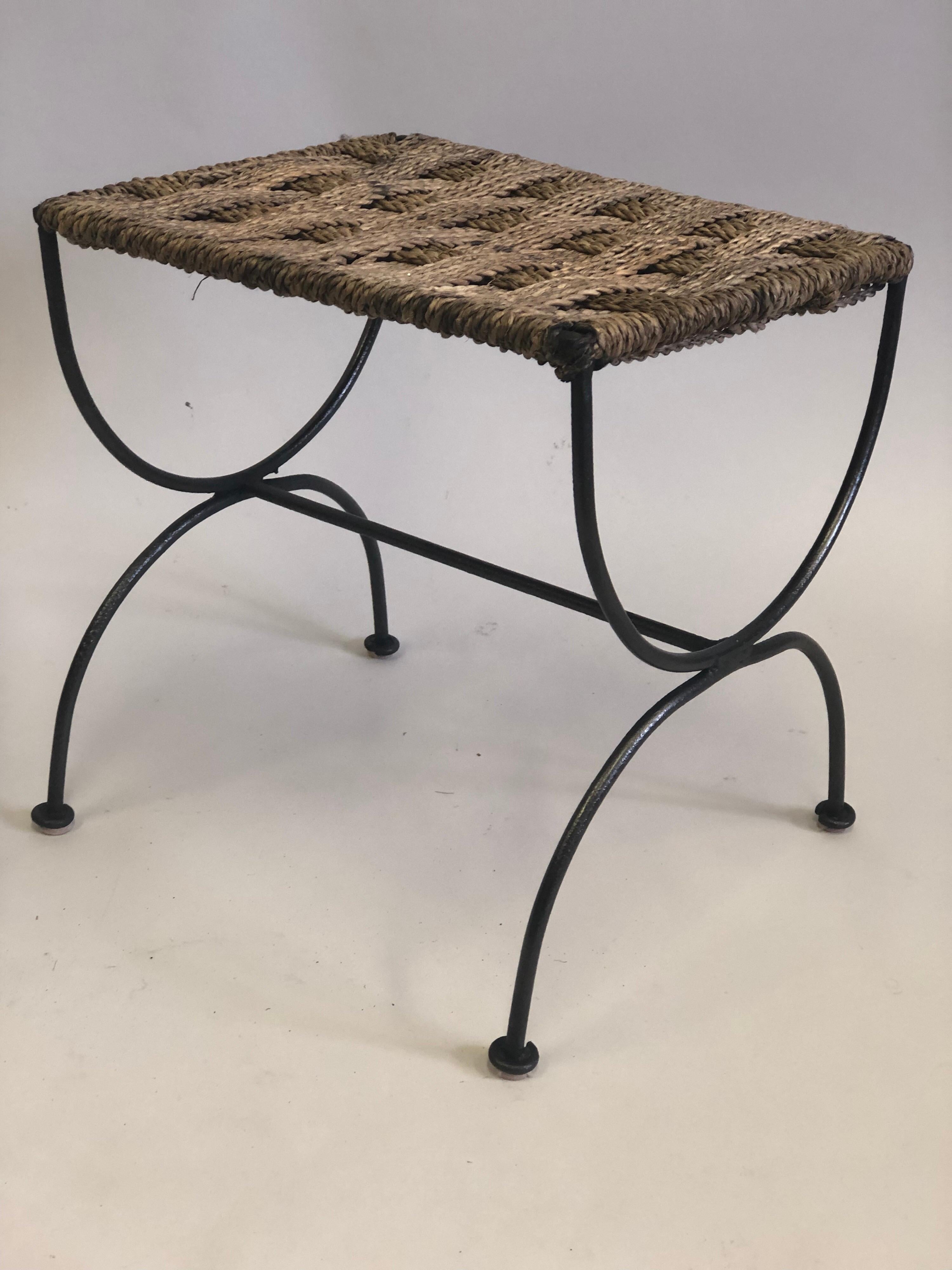 Pair of French Mid-Century Wrought Iron & Rope Stools / Benches, Audoux & Minet. For Sale 2