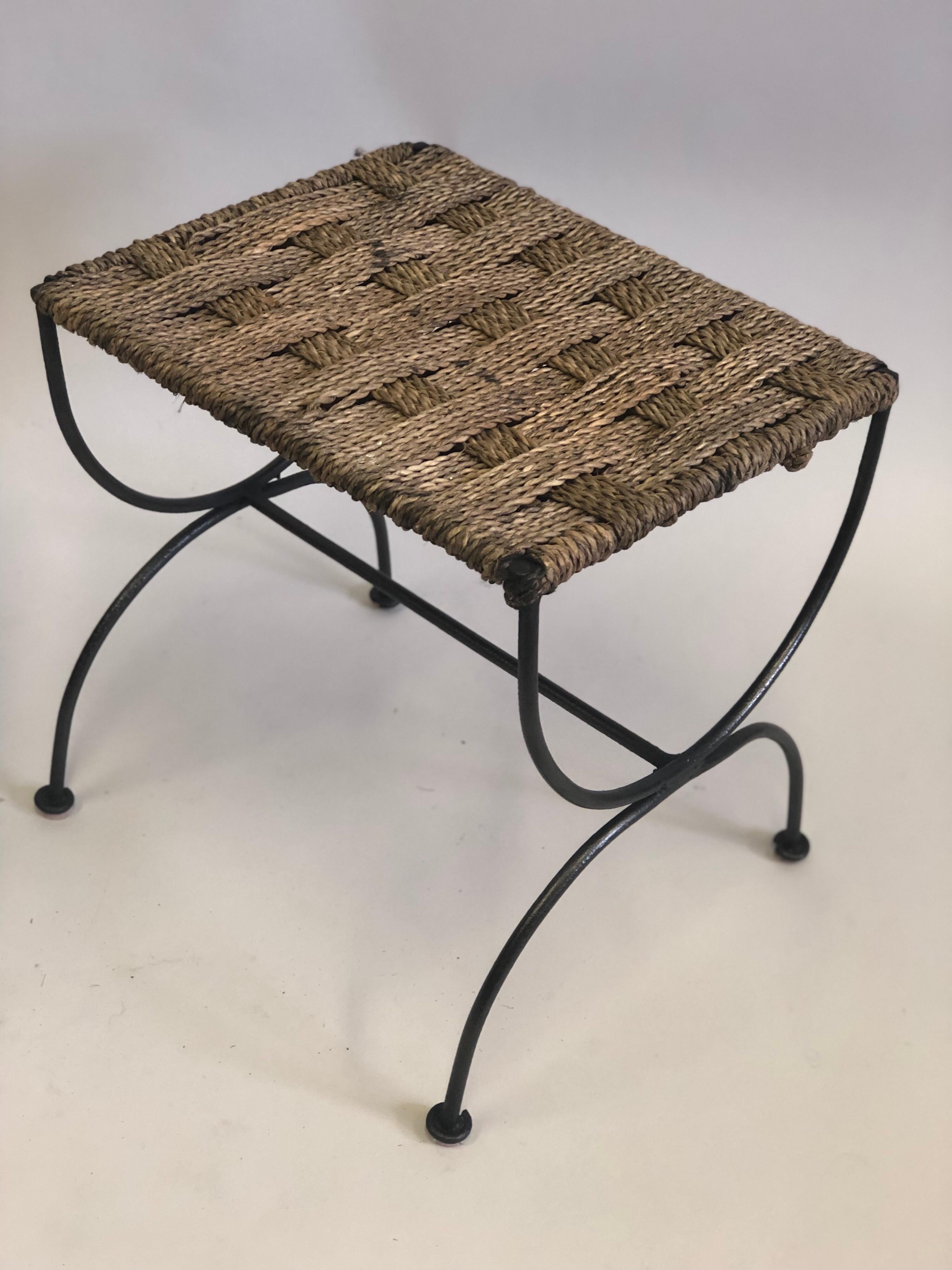 Pair of French Mid-Century Wrought Iron & Rope Stools / Benches, Audoux & Minet. For Sale 3