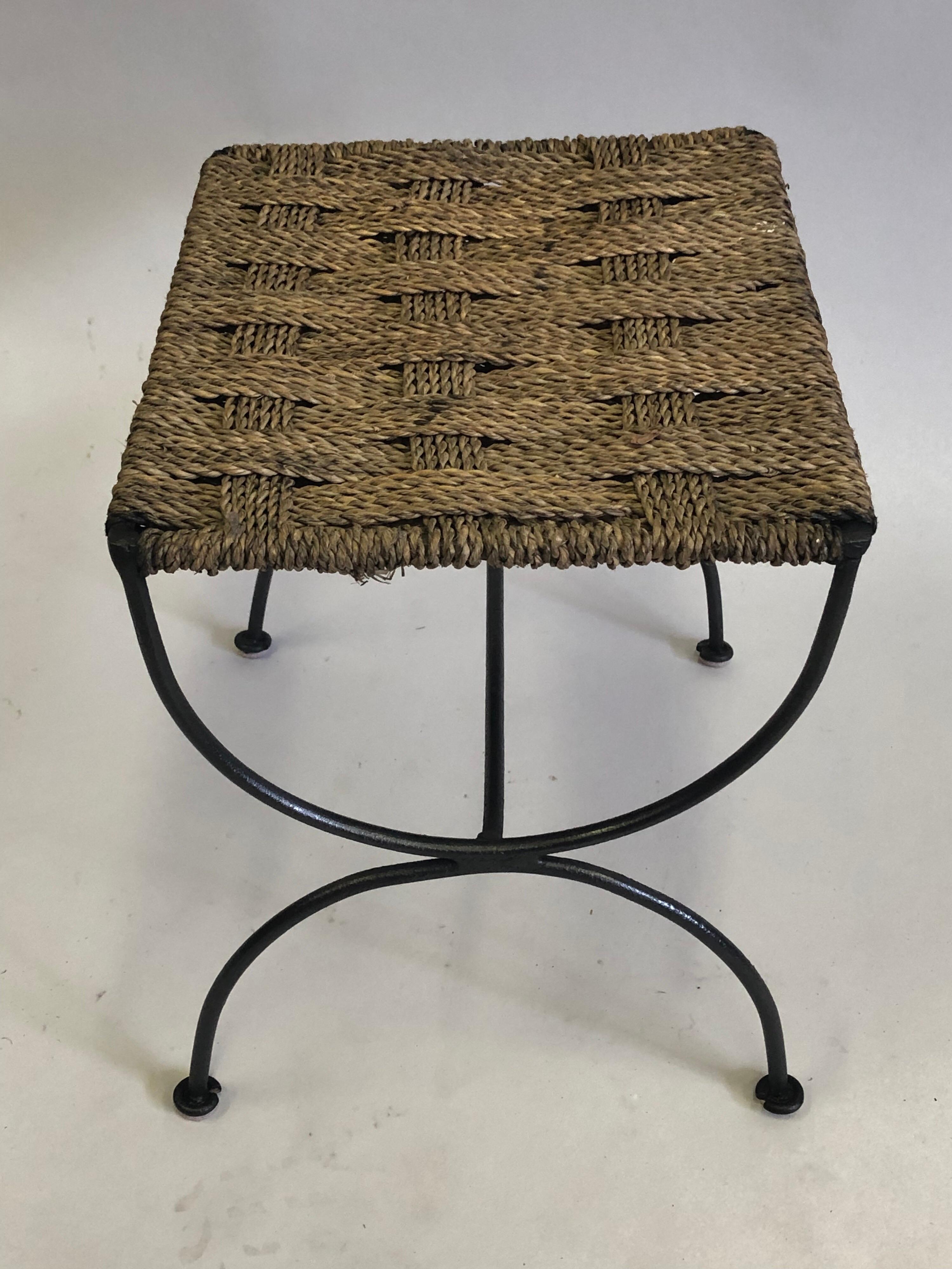 Pair of French Mid-Century Wrought Iron & Rope Stools / Benches, Audoux & Minet. For Sale 4