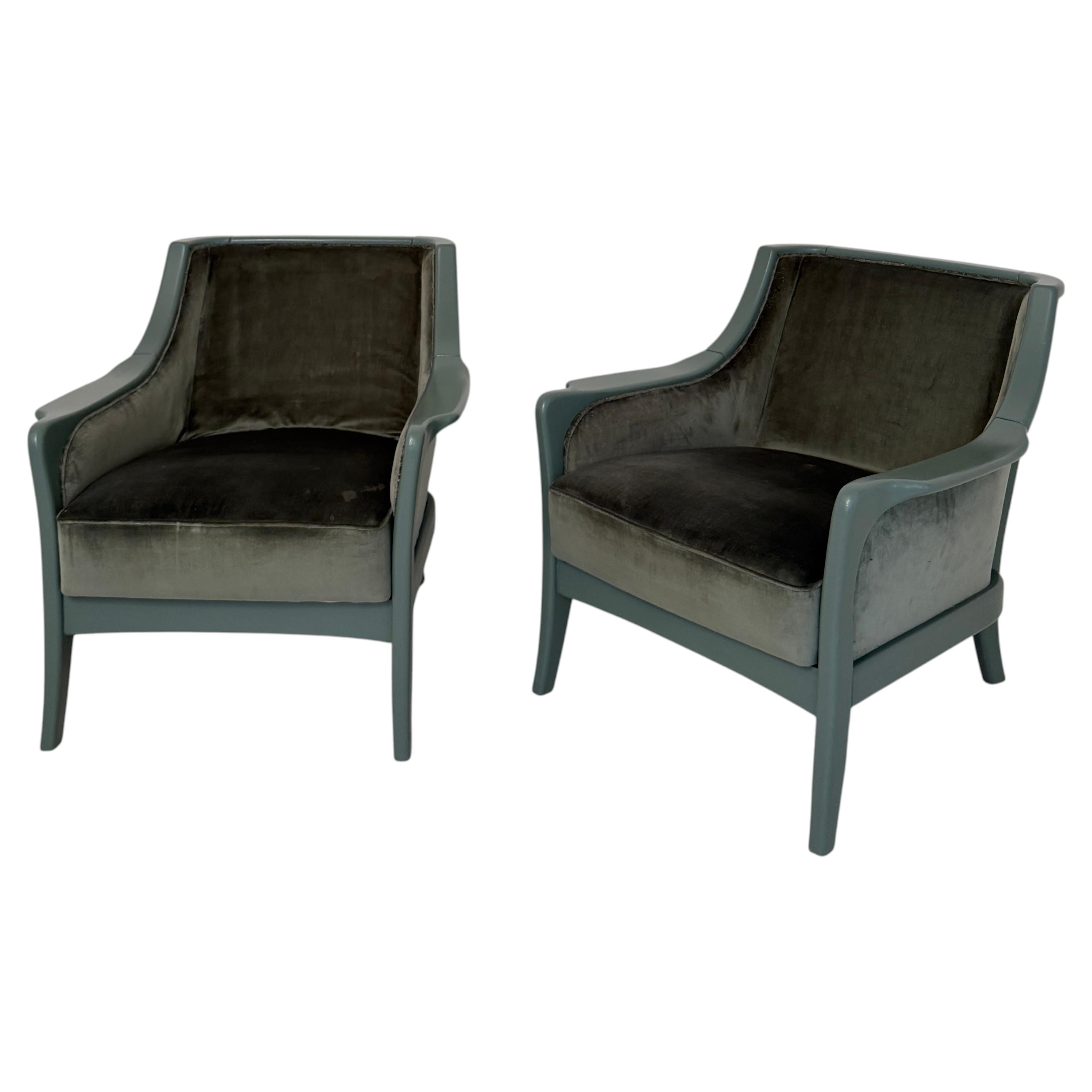 Pair French Mid-Century Modern Lounge Chairs in Green Velvet and Lacquered Wood