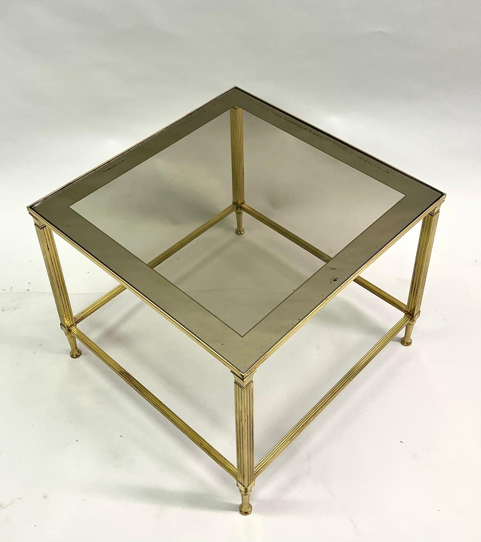 Pair French Mid-Century Modern Neoclassical Brass Side Tables, Maison Jansen 1