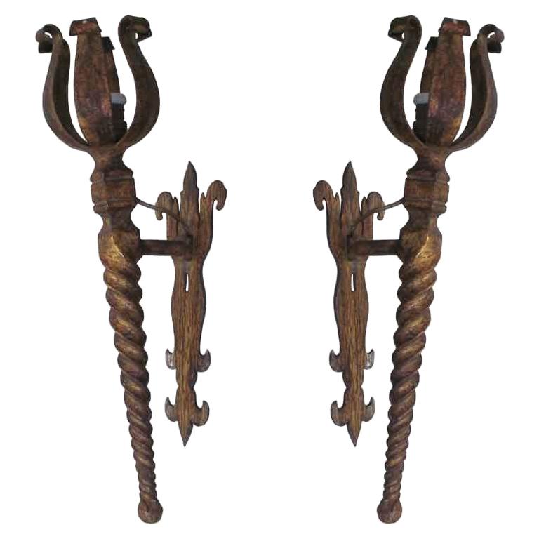 Pair French Mid-Century Modern Neoclassical Gilt Iron Torch Sconces, Poillerat