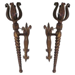 Pair French Mid-Century Modern Neoclassical Gilt Iron Torch Sconces, Poillerat
