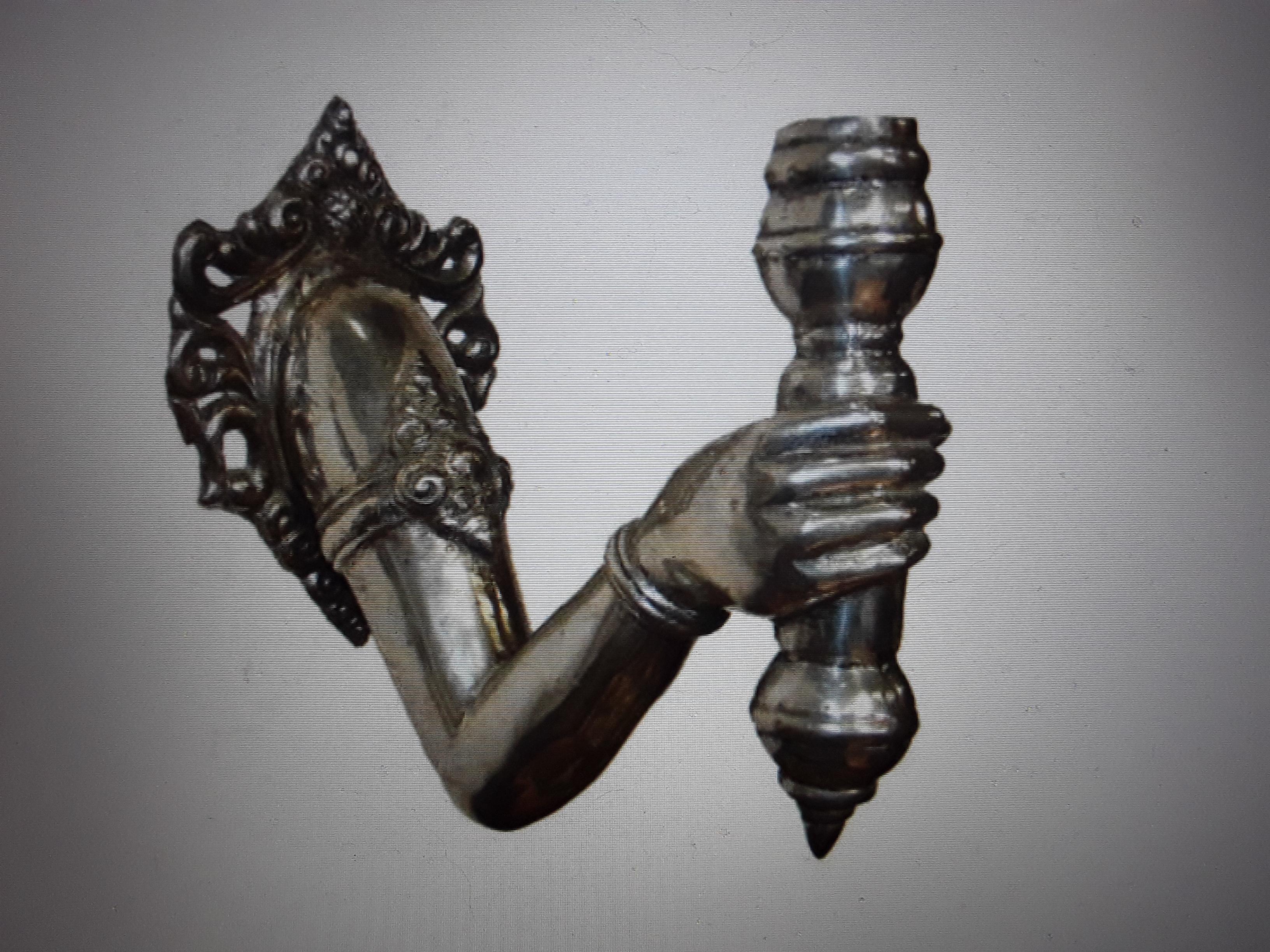 Pair French Mid Century Modern Silvered Bronze Hands/ Fists Light Bearing. Torch In Good Condition For Sale In Opa Locka, FL