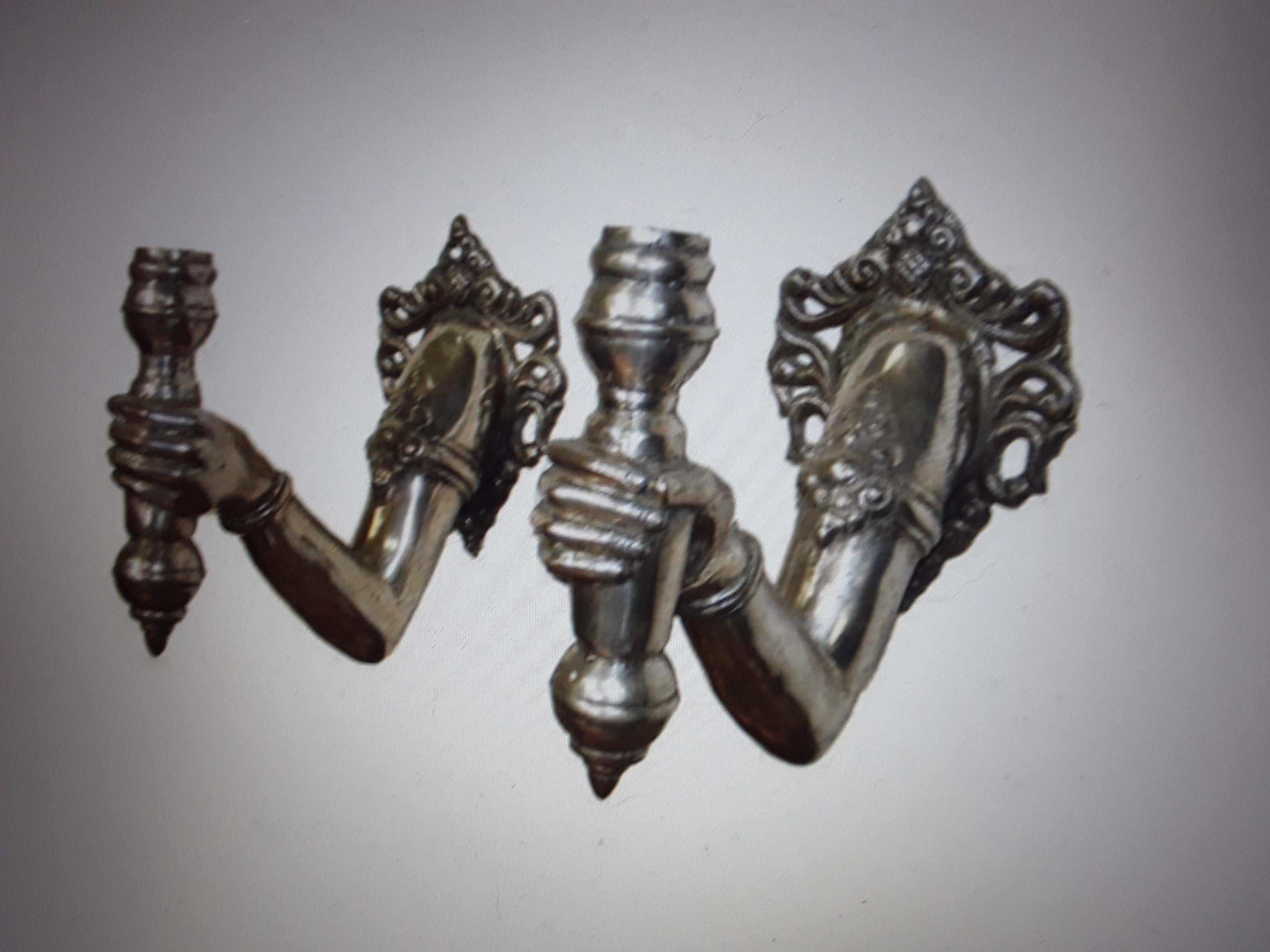 Pair French Mid Century Modern Silvered Bronze Hands/ Fists Light Bearing. Torch For Sale 1