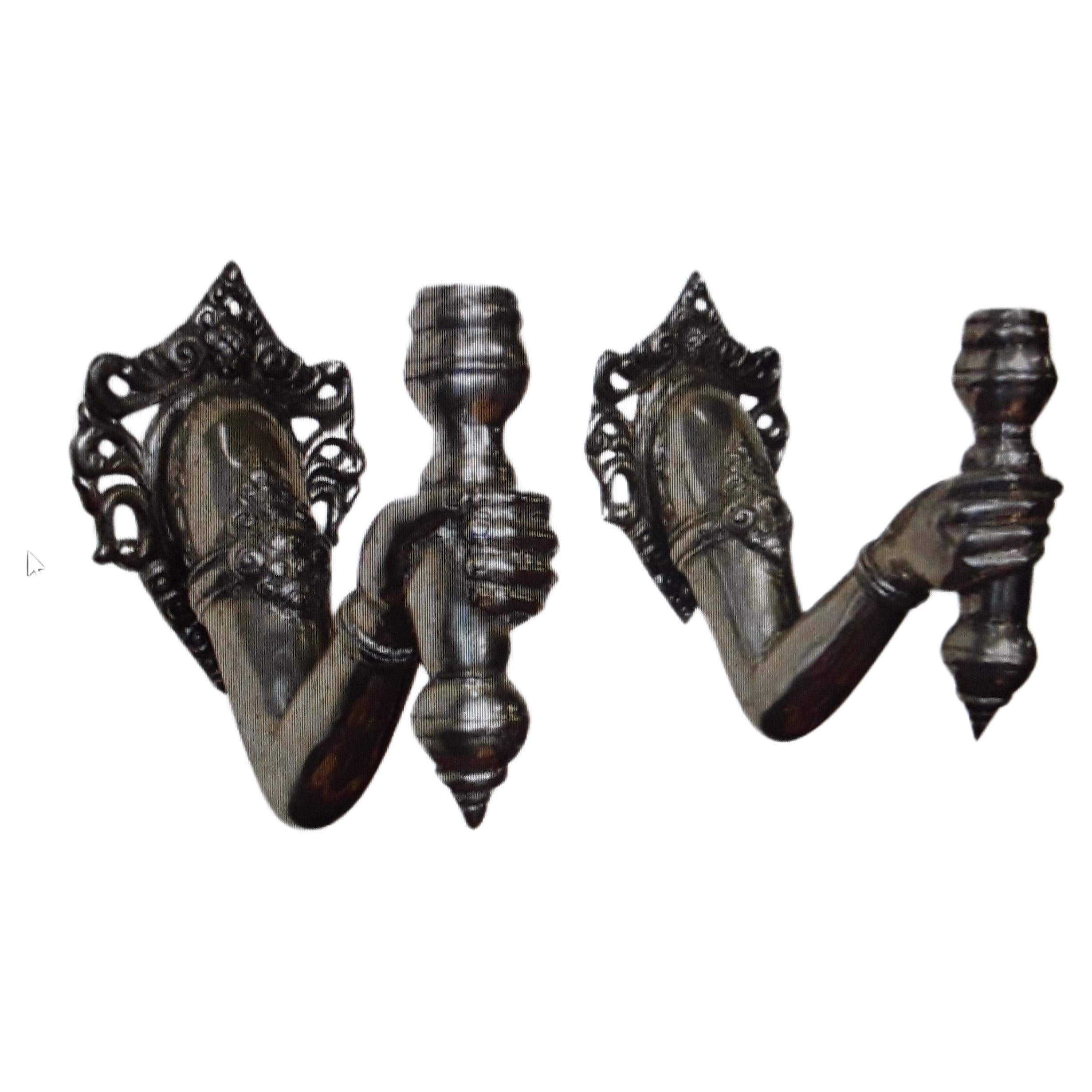 Pair French Mid Century Modern Silvered Bronze Hands/ Fists Light Bearing. Torch For Sale