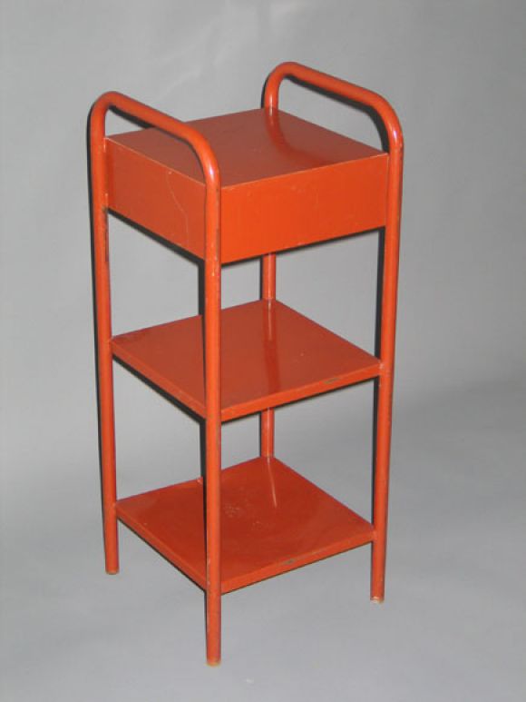 Enameled French Midcentury Red Enamel Steel Nightstands / Side Tables, Jean Prouve, Pair