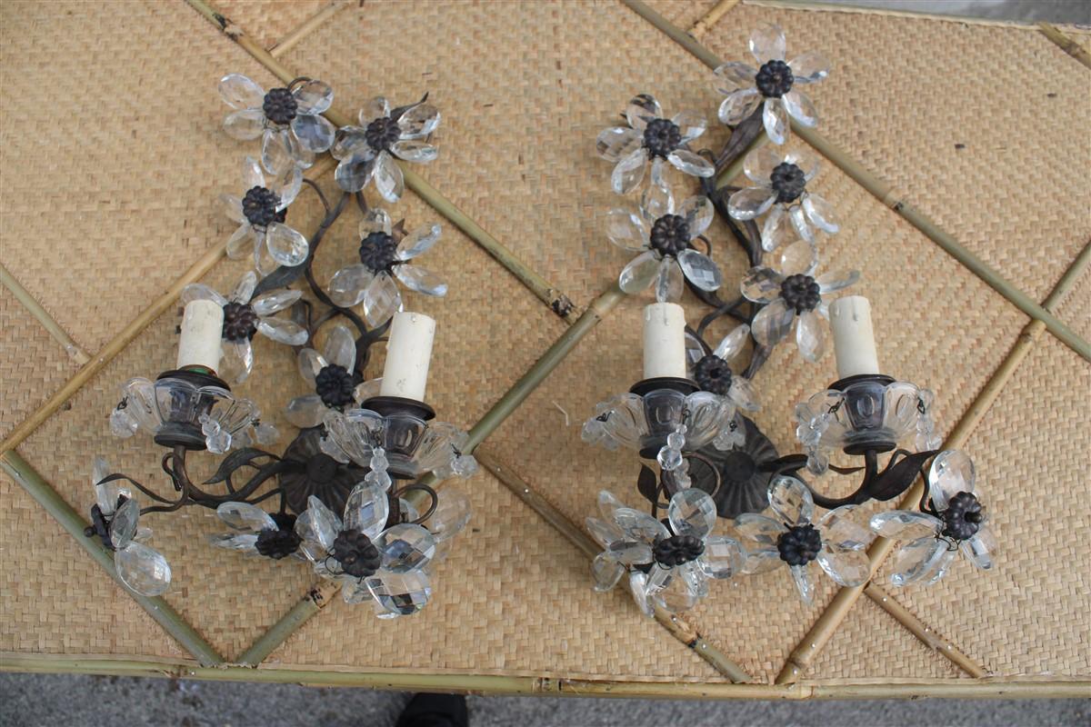 Pair French mid-century sconces flowers crystal and metal 1950s.