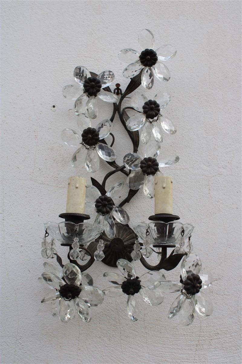 Mid-Century Modern Pair French Mid-Century Sconces Flowers Crystal and Metal 1950s