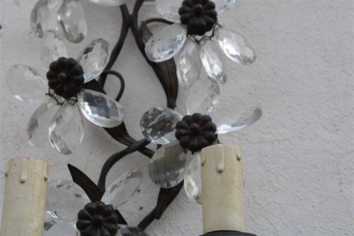 Mid-20th Century Pair French Mid-Century Sconces Flowers Crystal and Metal 1950s