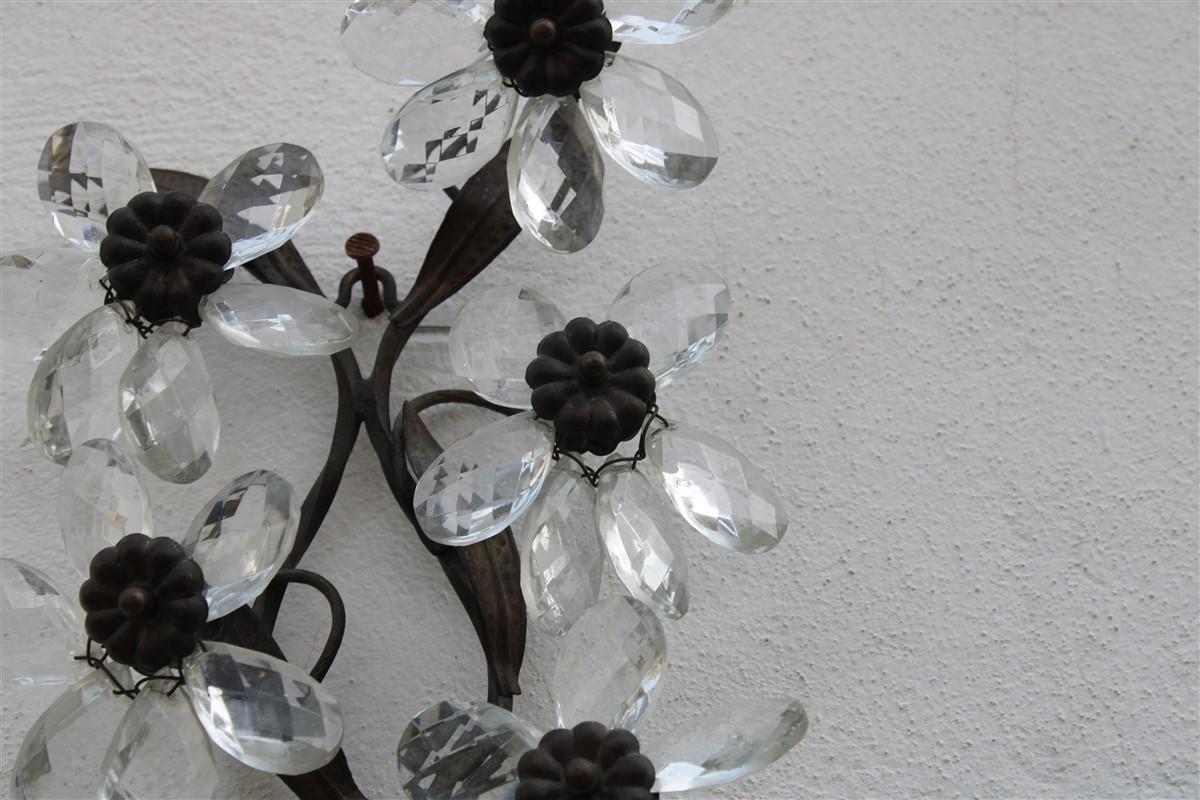 Pair French Mid-Century Sconces Flowers Crystal and Metal 1950s 1