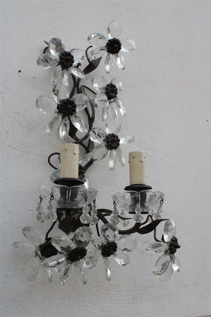 Pair French Mid-Century Sconces Flowers Crystal and Metal 1950s 2