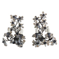 Pair French Mid-Century Sconces Flowers Crystal and Metal 1950s
