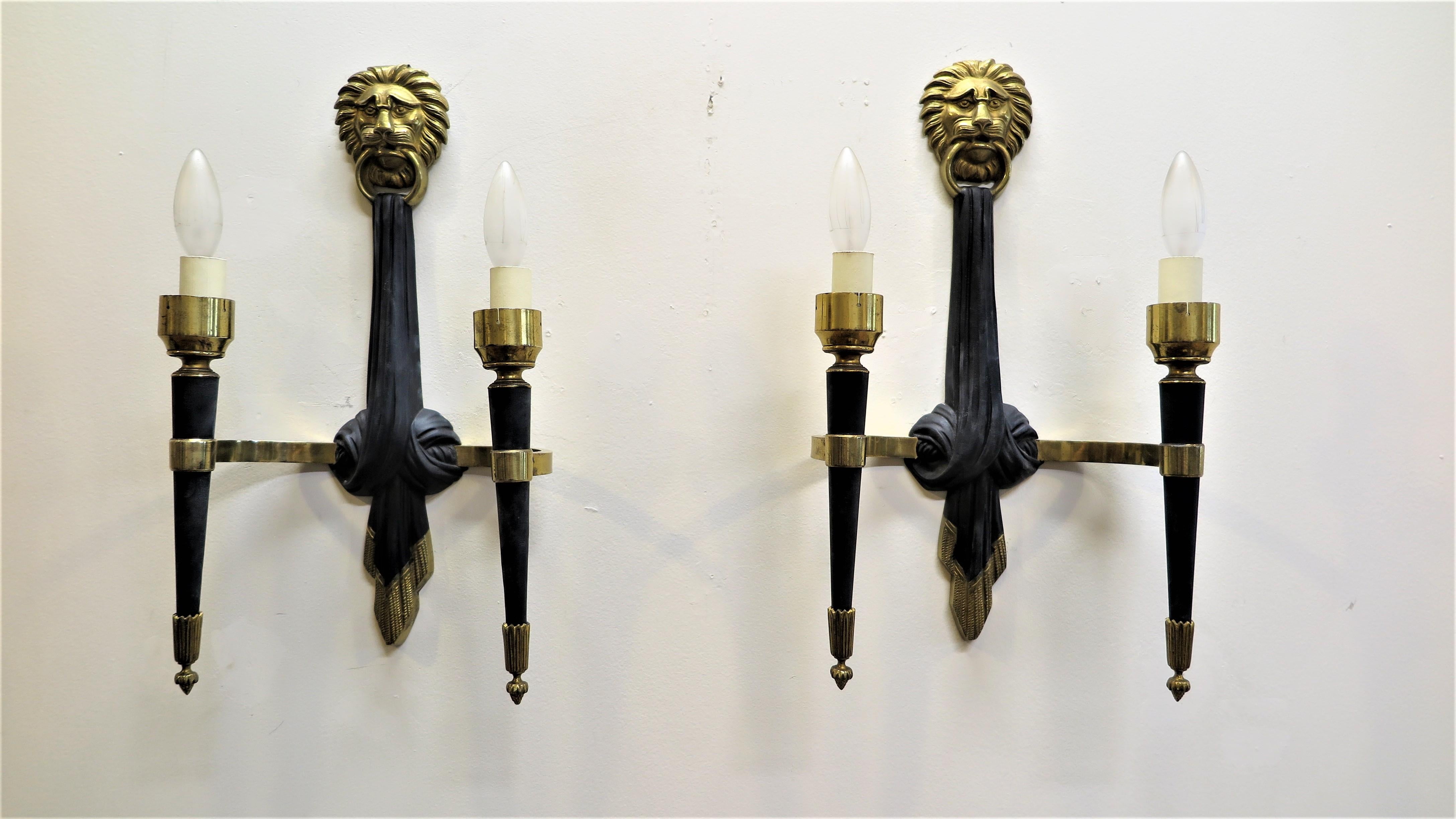 Brass Pair of French Midcentury Sconces Maison Jansen For Sale
