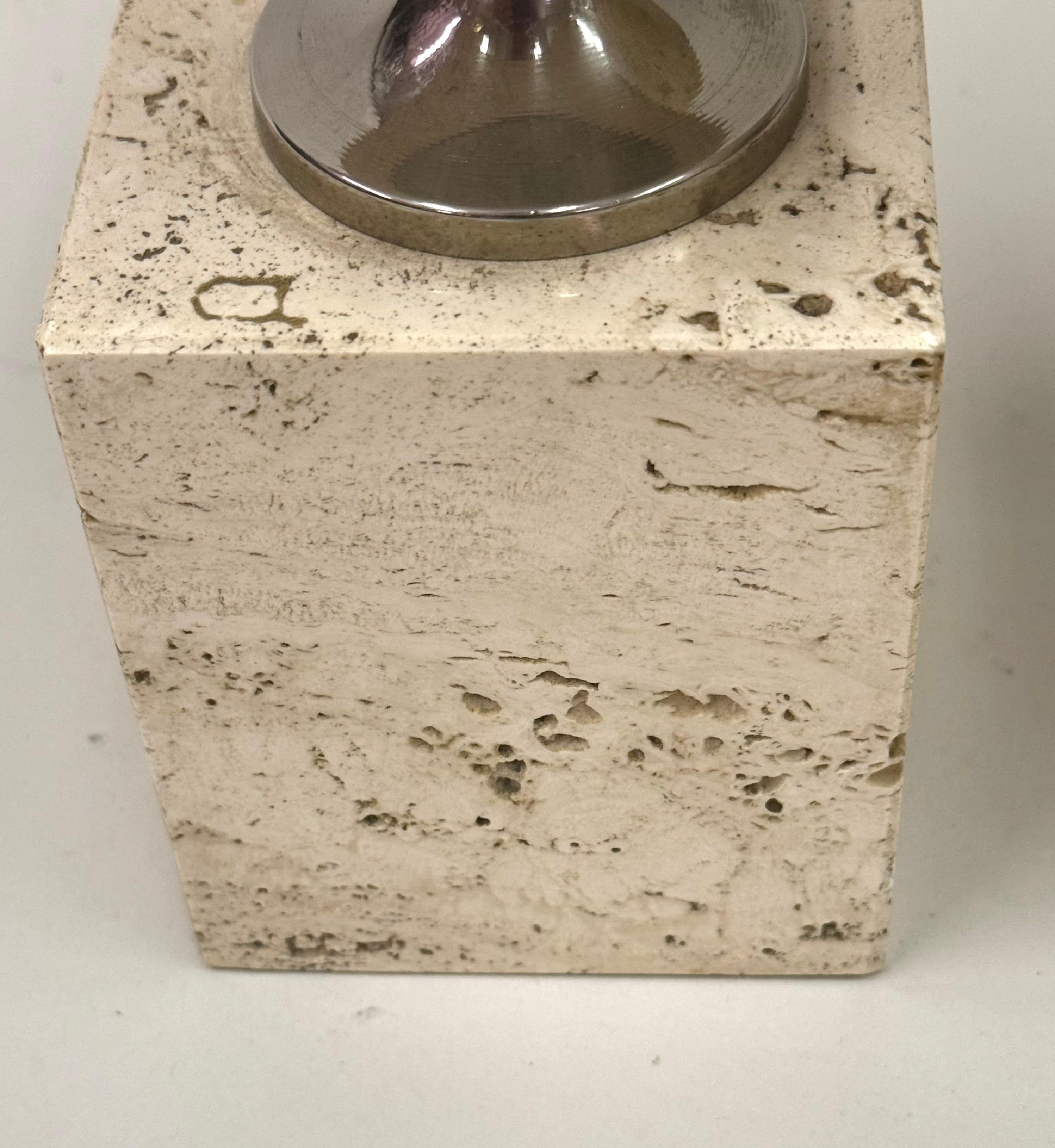 Pair French Mid-Century Travertine & NIckel Table Lamps by Maison Barbier, 1970 For Sale 3