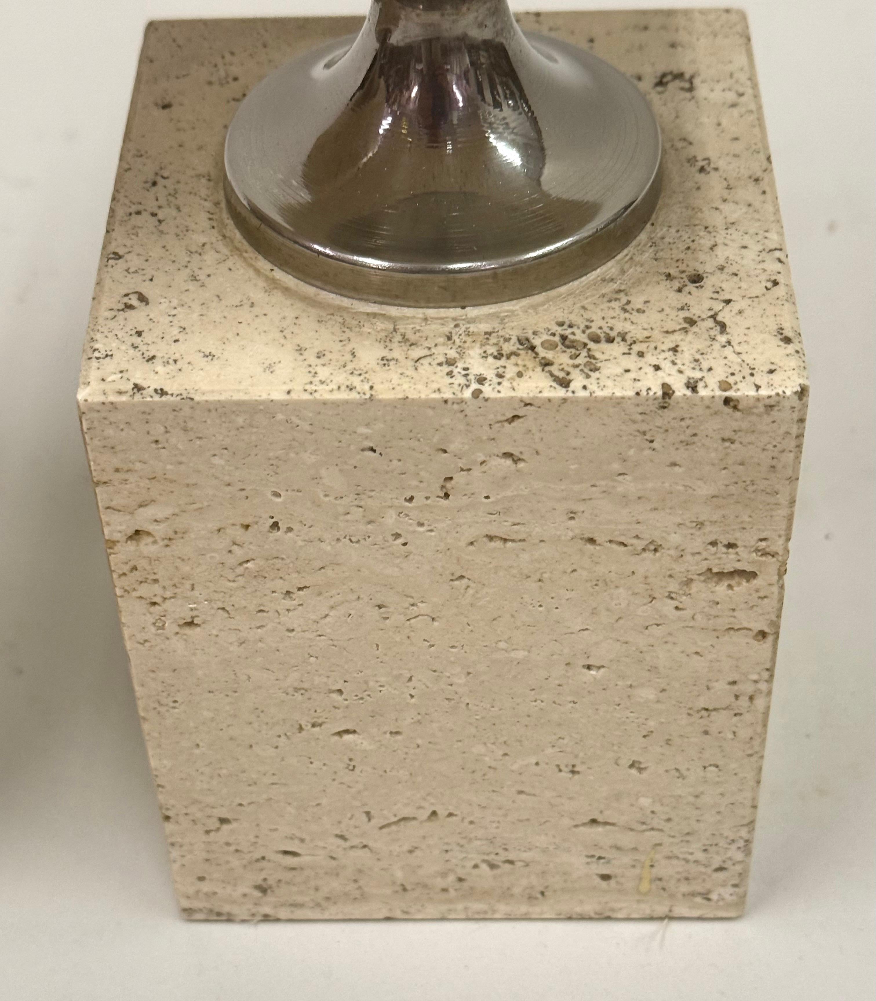 Pair French Mid-Century Travertine & NIckel Table Lamps by Maison Barbier, 1970 For Sale 4