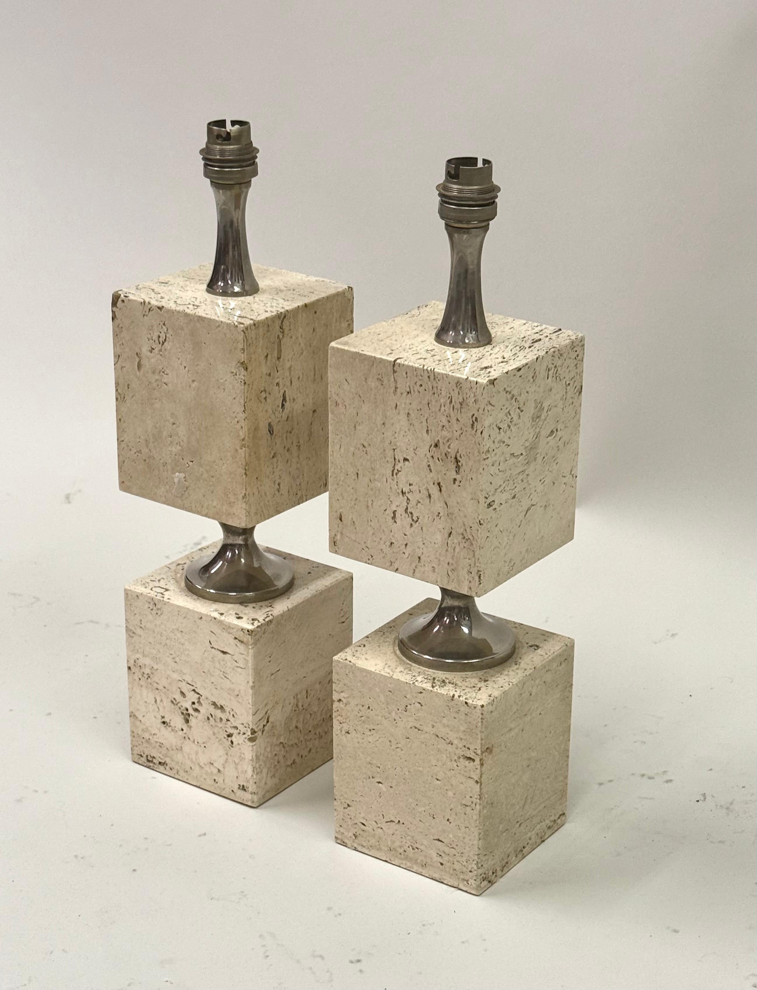 An Elegant Pair French Mid-Century Modern Travertine and NIckel Table Lamps by Philippe Barbier for Maison Barbier circa 1970. Dimensions: H 15.5,x W 4 x D 4” without shades