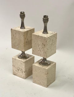 Coppia di lampade da tavolo francesi di metà secolo in travertino e nikel della Maison Barbier, 1970