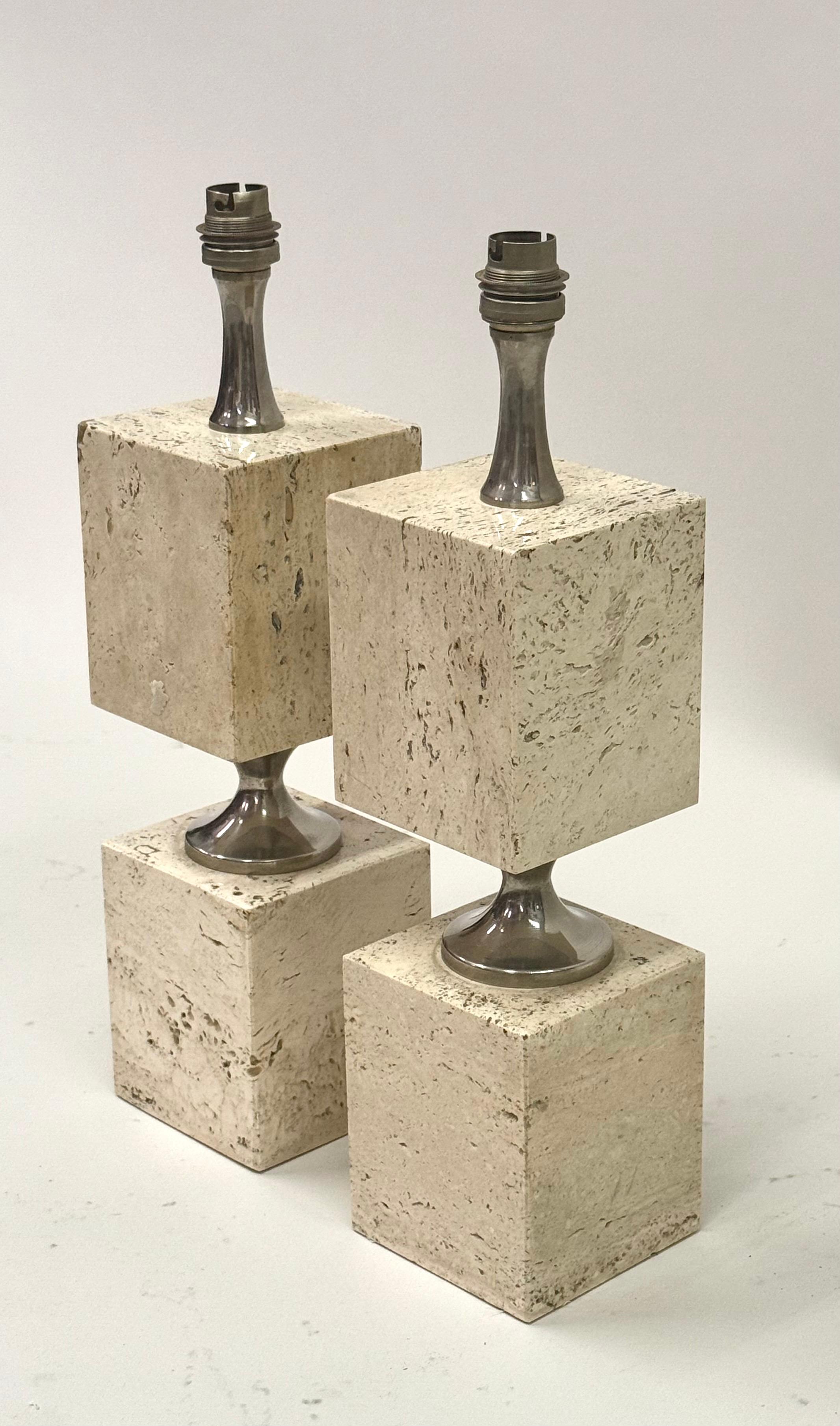 Mid-Century Modern Pair French Mid-Century Travertine & NIckel Table Lamps by Maison Barbier, 1970 For Sale