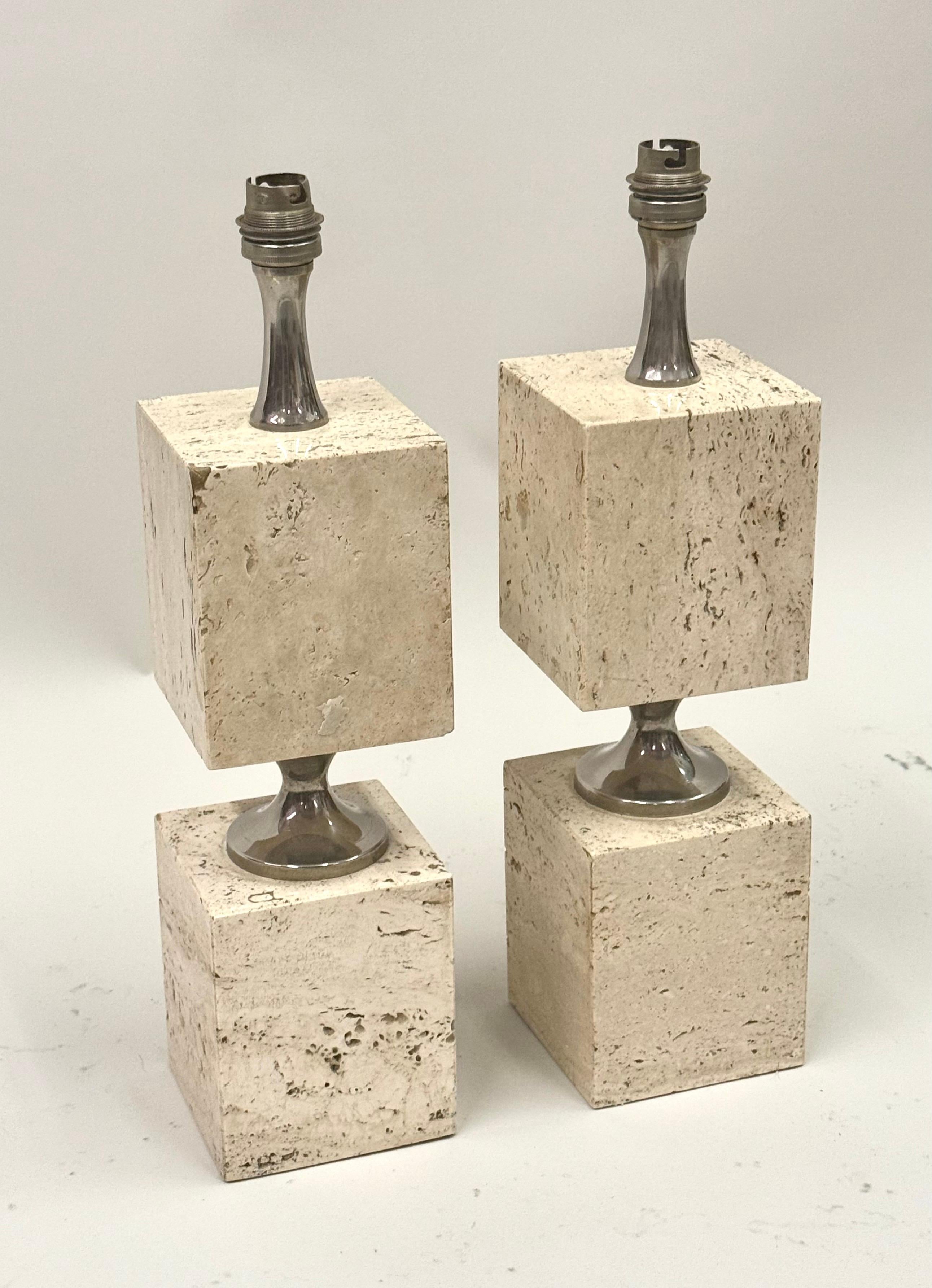Hand-Carved Pair French Mid-Century Travertine & NIckel Table Lamps by Maison Barbier, 1970 For Sale