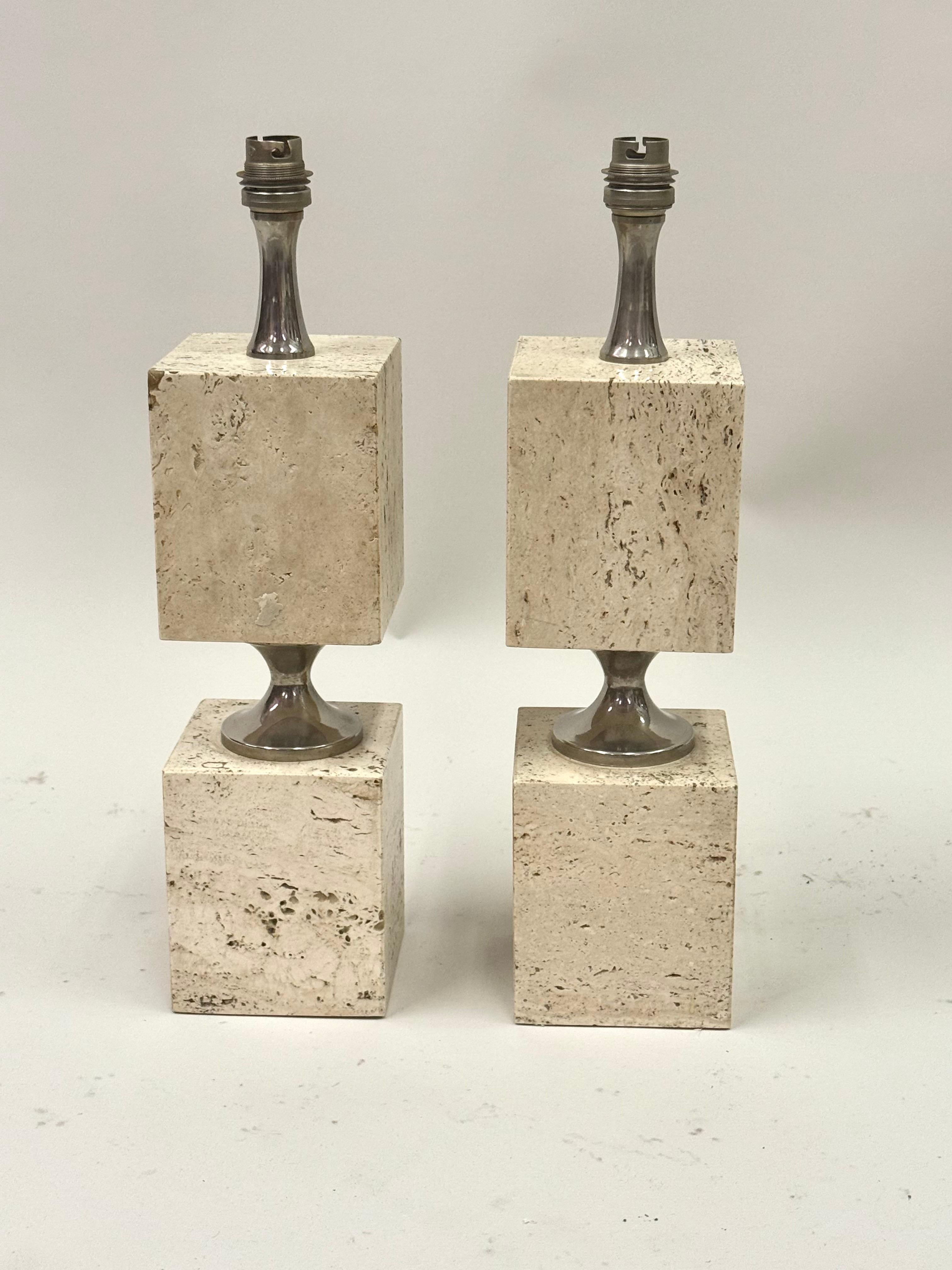 Pair French Mid-Century Travertine & NIckel Table Lamps by Maison Barbier, 1970 In Good Condition For Sale In New York, NY