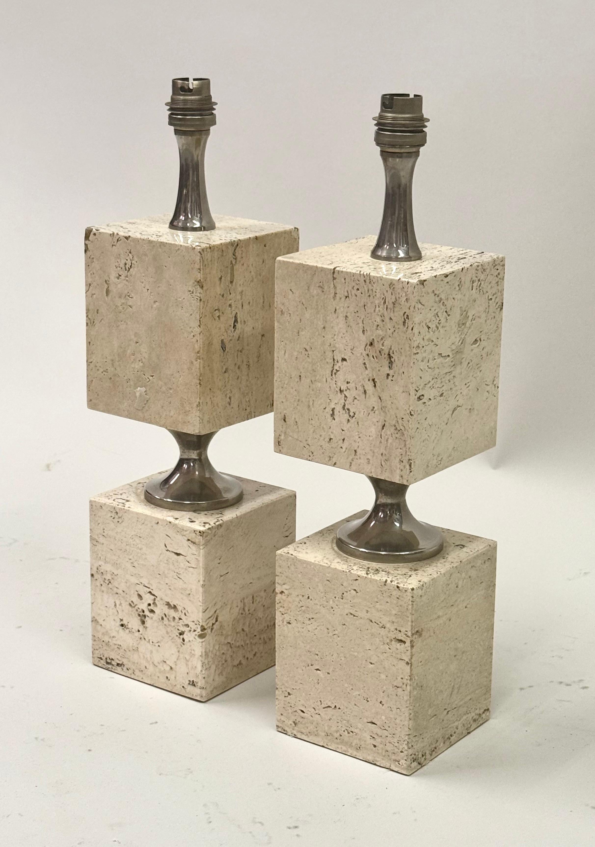 20th Century Pair French Mid-Century Travertine & NIckel Table Lamps by Maison Barbier, 1970 For Sale