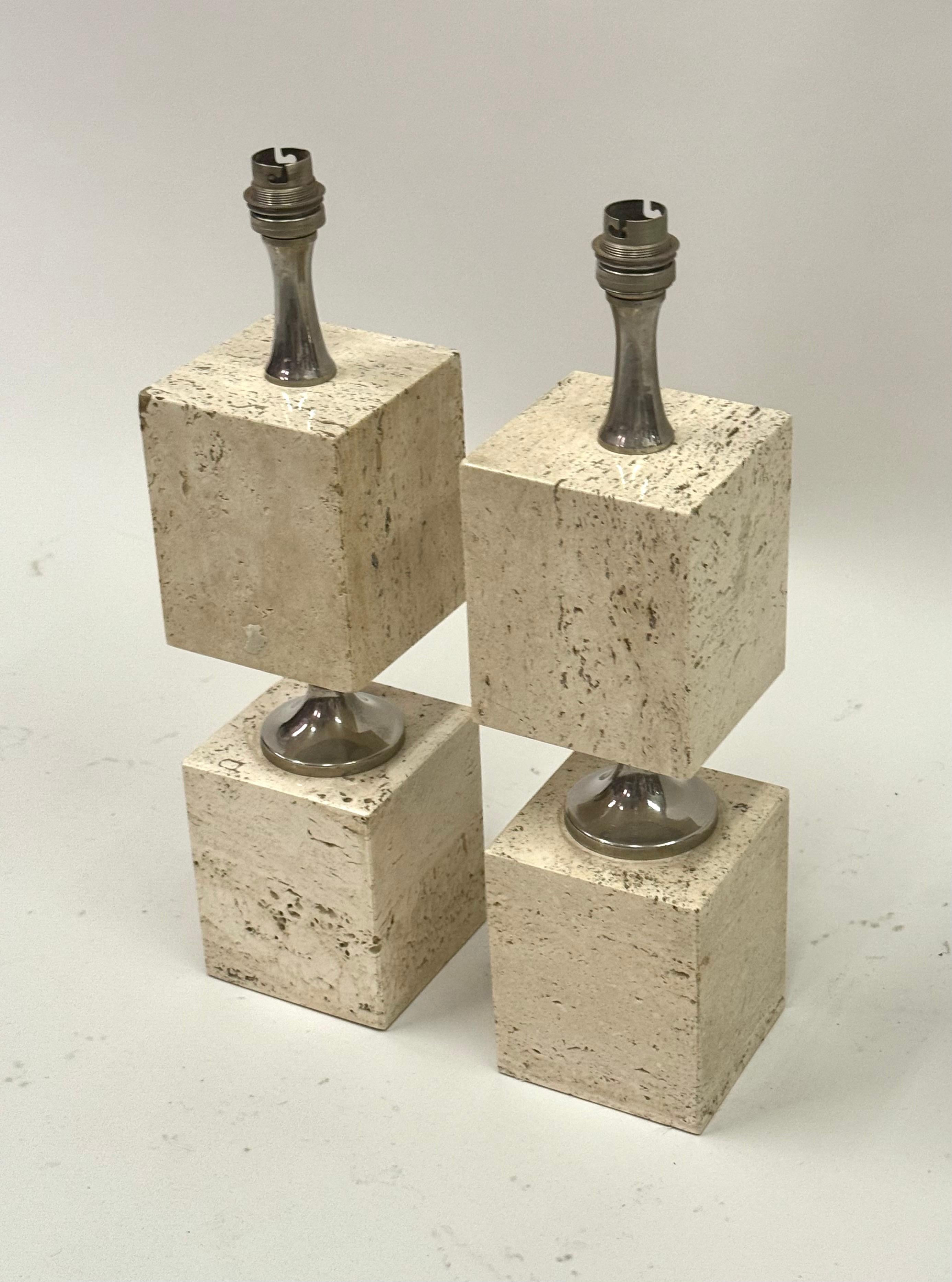 Nickel Pair French Mid-Century Travertine & NIckel Table Lamps by Maison Barbier, 1970 For Sale