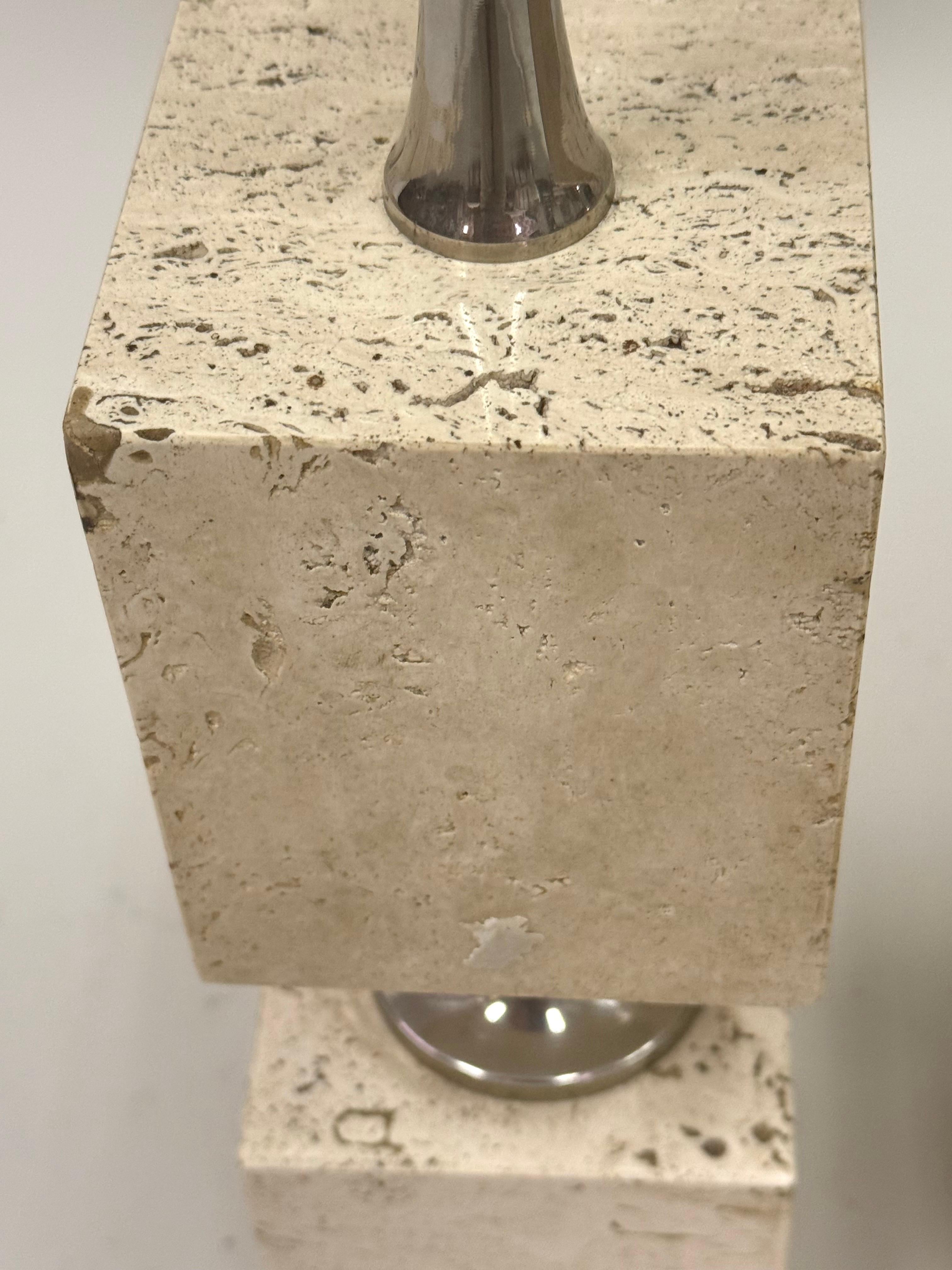 Pair French Mid-Century Travertine & NIckel Table Lamps by Maison Barbier, 1970 For Sale 1