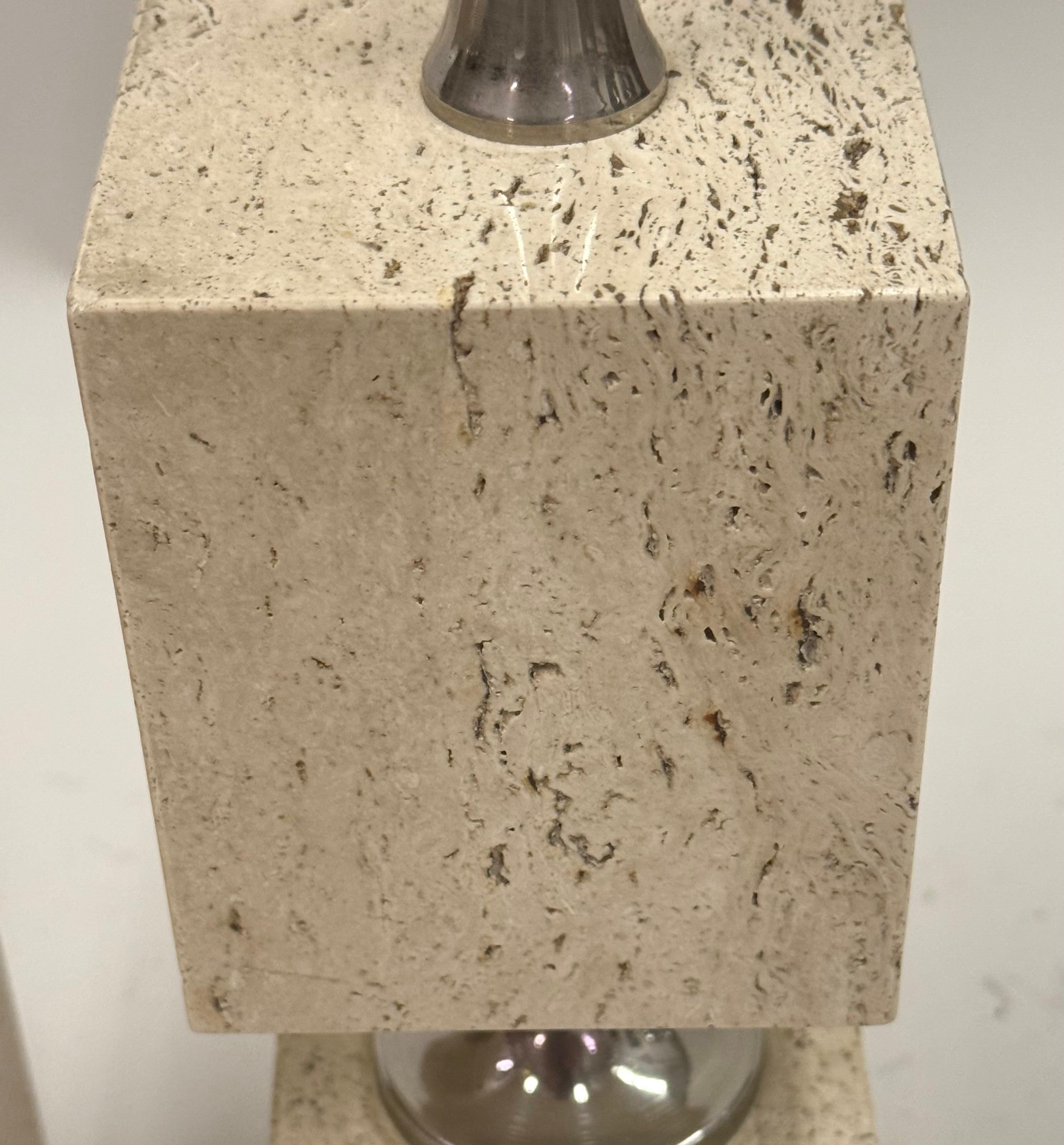Pair French Mid-Century Travertine & NIckel Table Lamps by Maison Barbier, 1970 For Sale 2