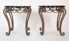 Pair of French Midcentury Wrought Iron Side Tables with Black Lacquered Tops